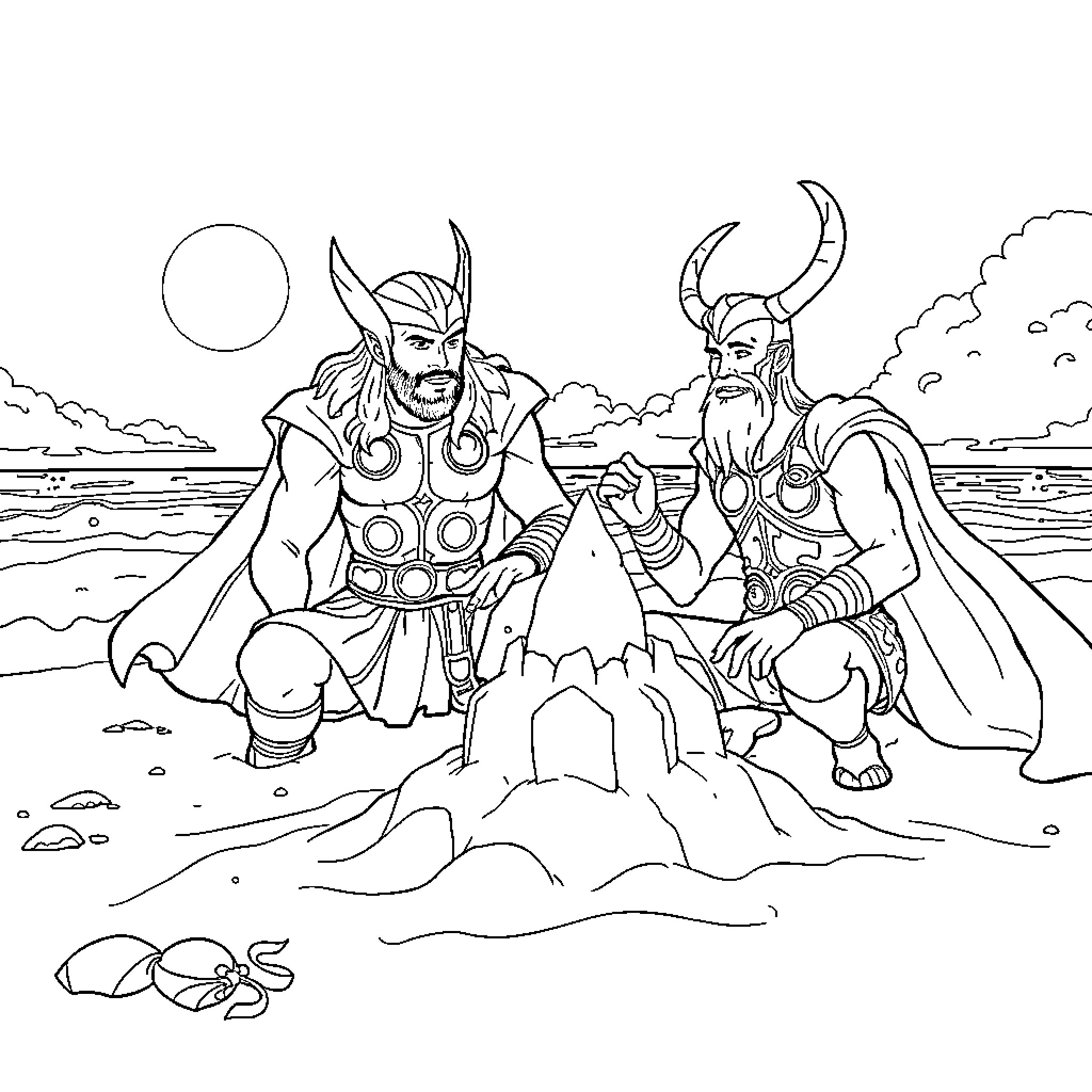 Thor and Loki in Dramatic Confrontation on Rugged Terrain Coloring Page (free black-and-white line drawing printable PDF for all, from beginners to advanced learners, including children, teens, adults, and seniors)