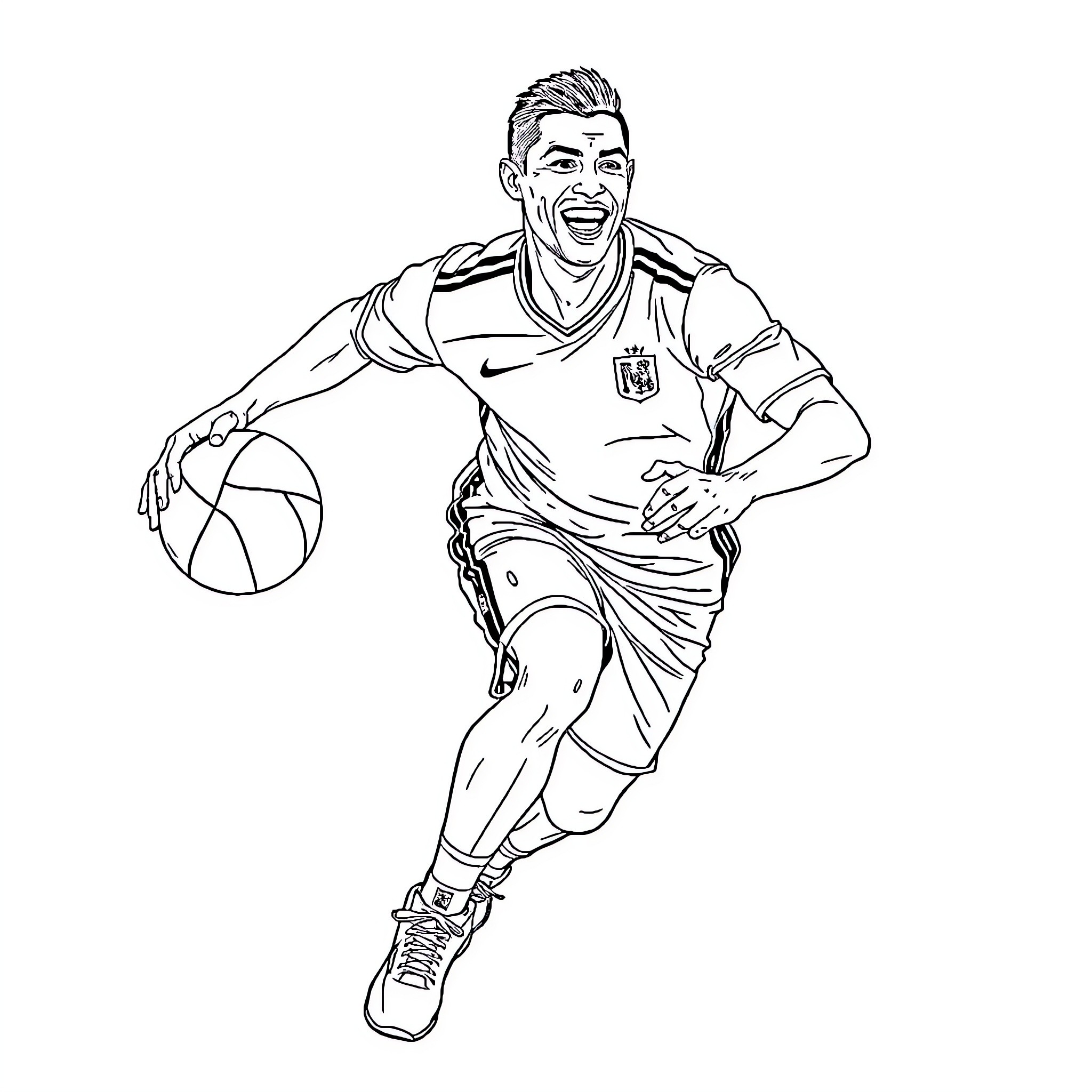 Cristiano Ronaldo playing basketball energetically Coloring Page (free black-and-white line drawing printable PDF for all, from beginners to advanced learners, including children, teens, adults, and seniors)