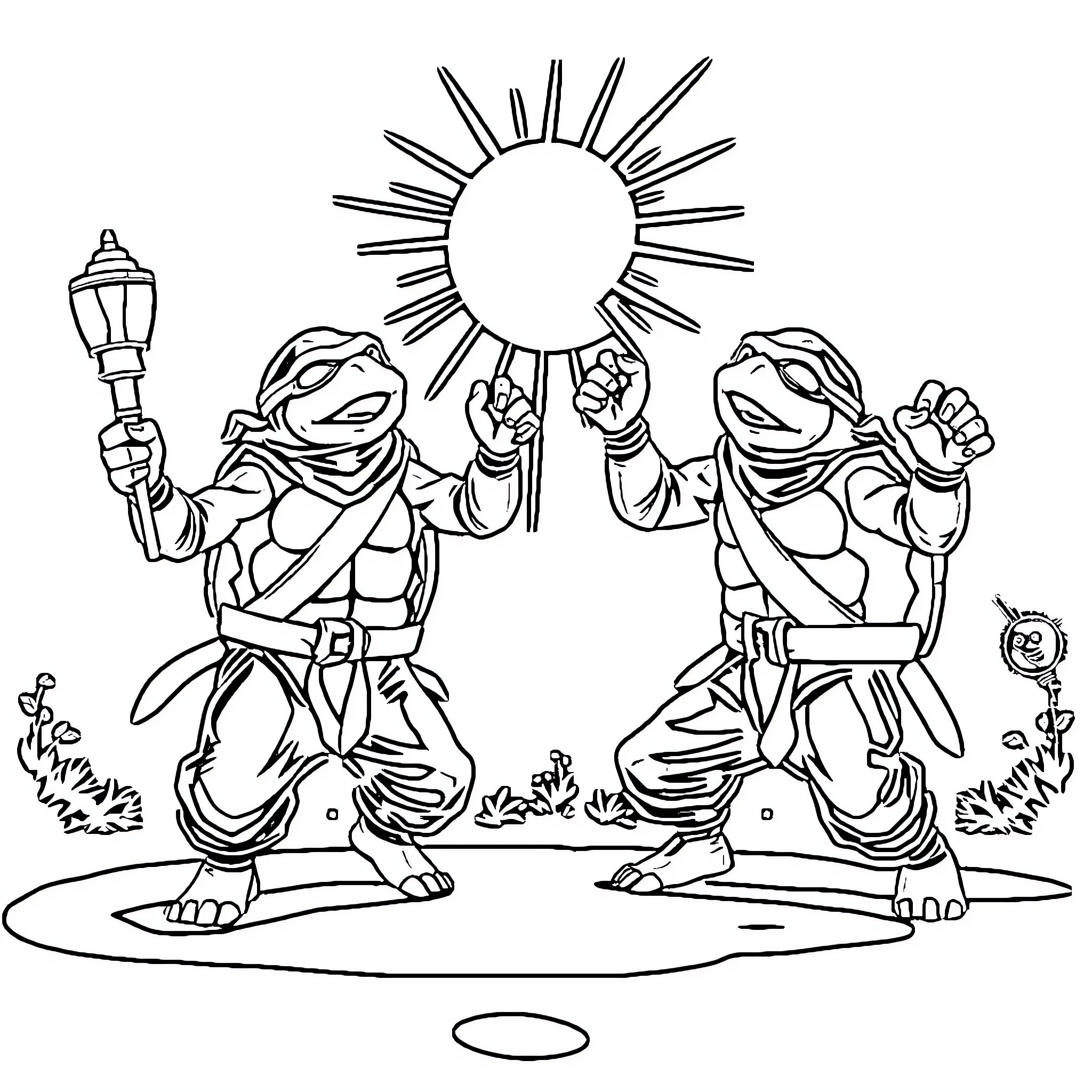 Ninja Turtles Celebrating in the Sunshine Coloring Page (free black-and-white line drawing printable PDF for all, from beginners to advanced learners, including children, teens, adults, and seniors)