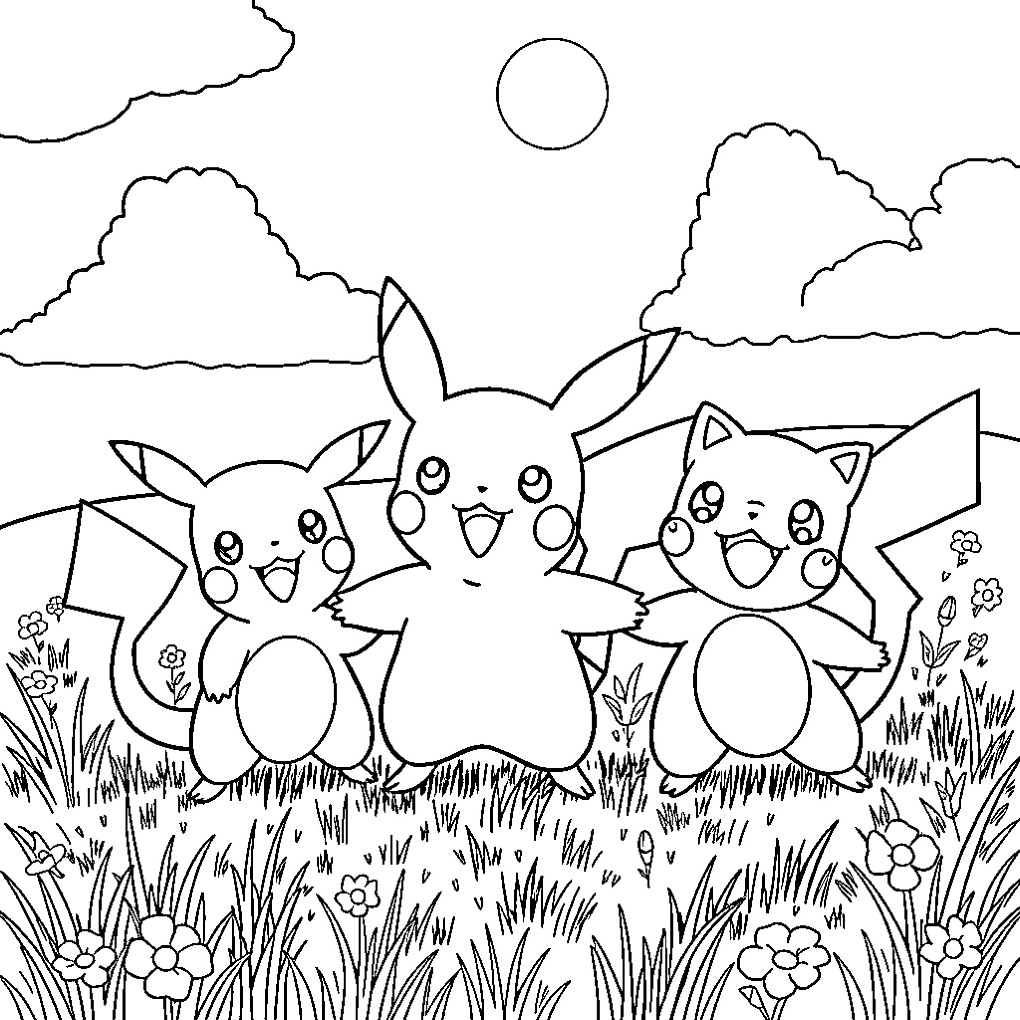 Pikachu and friends playing happily in the meadow Coloring Page (free black-and-white line drawing printable PDF for all, from beginners to advanced learners, including children, teens, adults, and seniors)