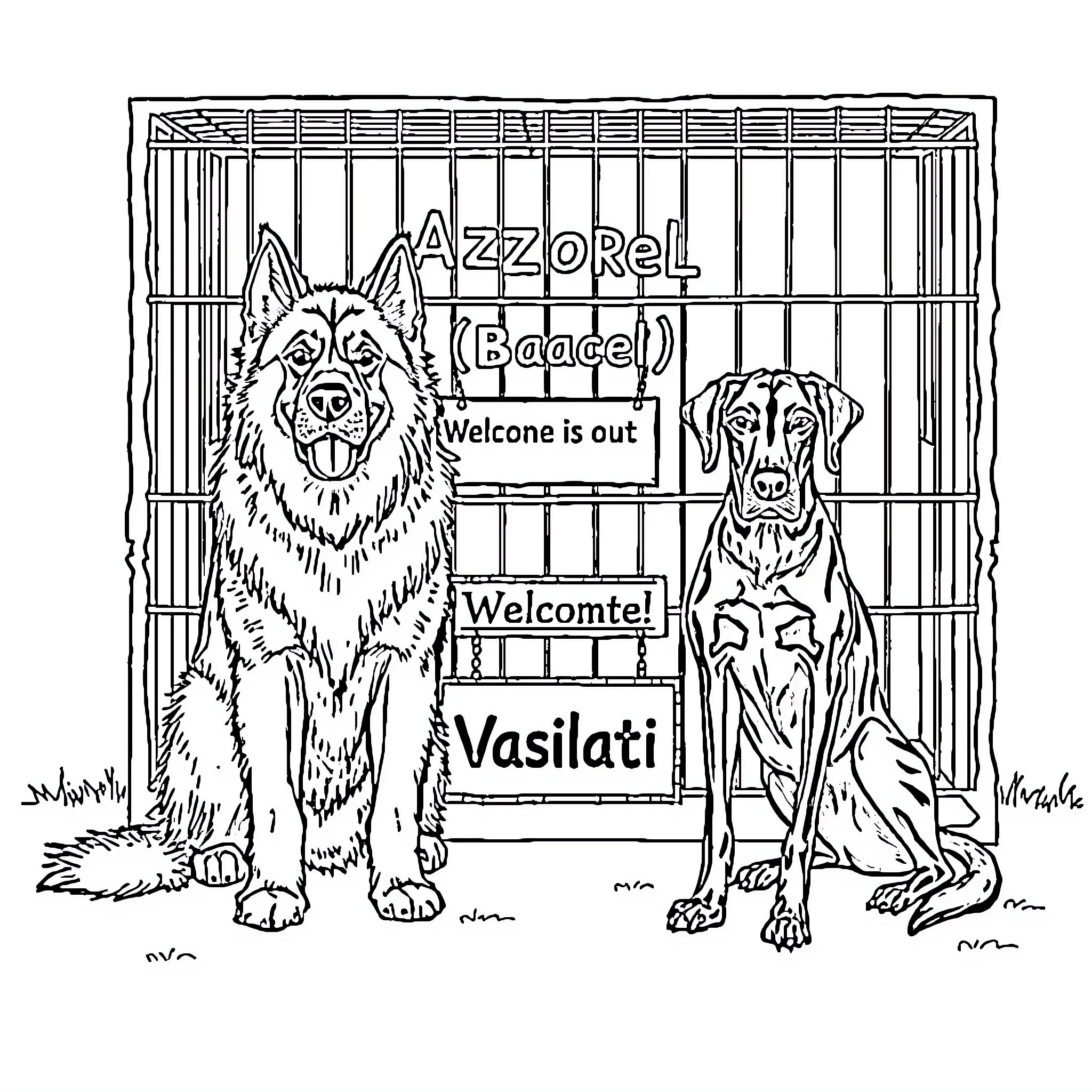 Dog in cage with sign 'Welcome is out' Coloring Page (free black-and-white line drawing printable PDF for all, from beginners to advanced learners, including children, teens, adults, and seniors)
