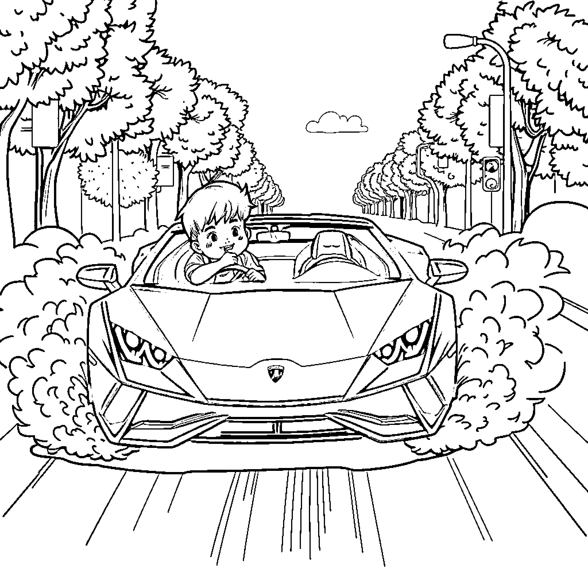 Niño driving fast sports car through forest Coloring Page (free black-and-white line drawing printable PDF for all, from beginners to advanced learners, including children, teens, adults, and seniors)