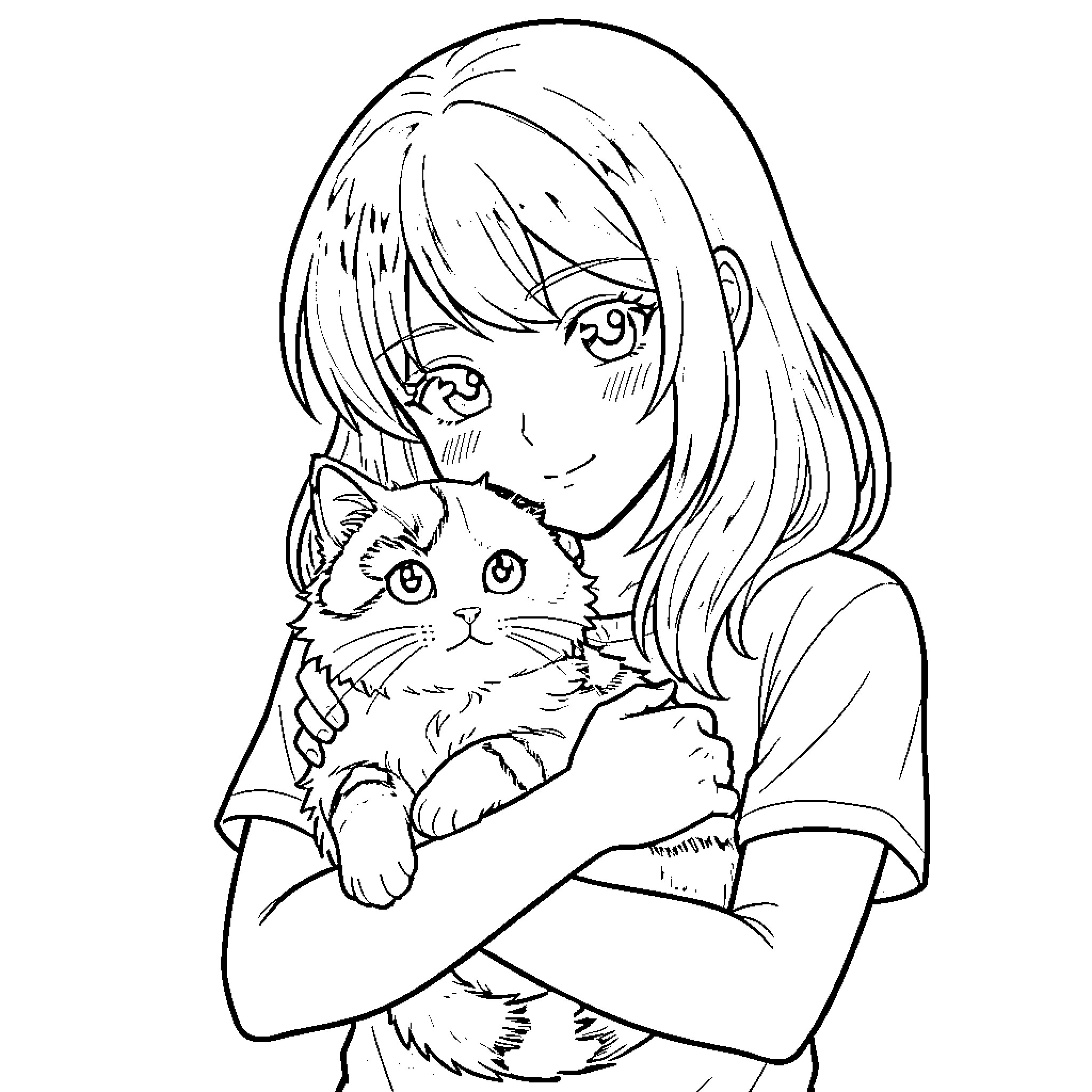 Anime Girl Holding Adorable Cat Companion Coloring Page (free black-and-white line drawing printable PDF for all, from beginners to advanced learners, including children, teens, adults, and seniors)