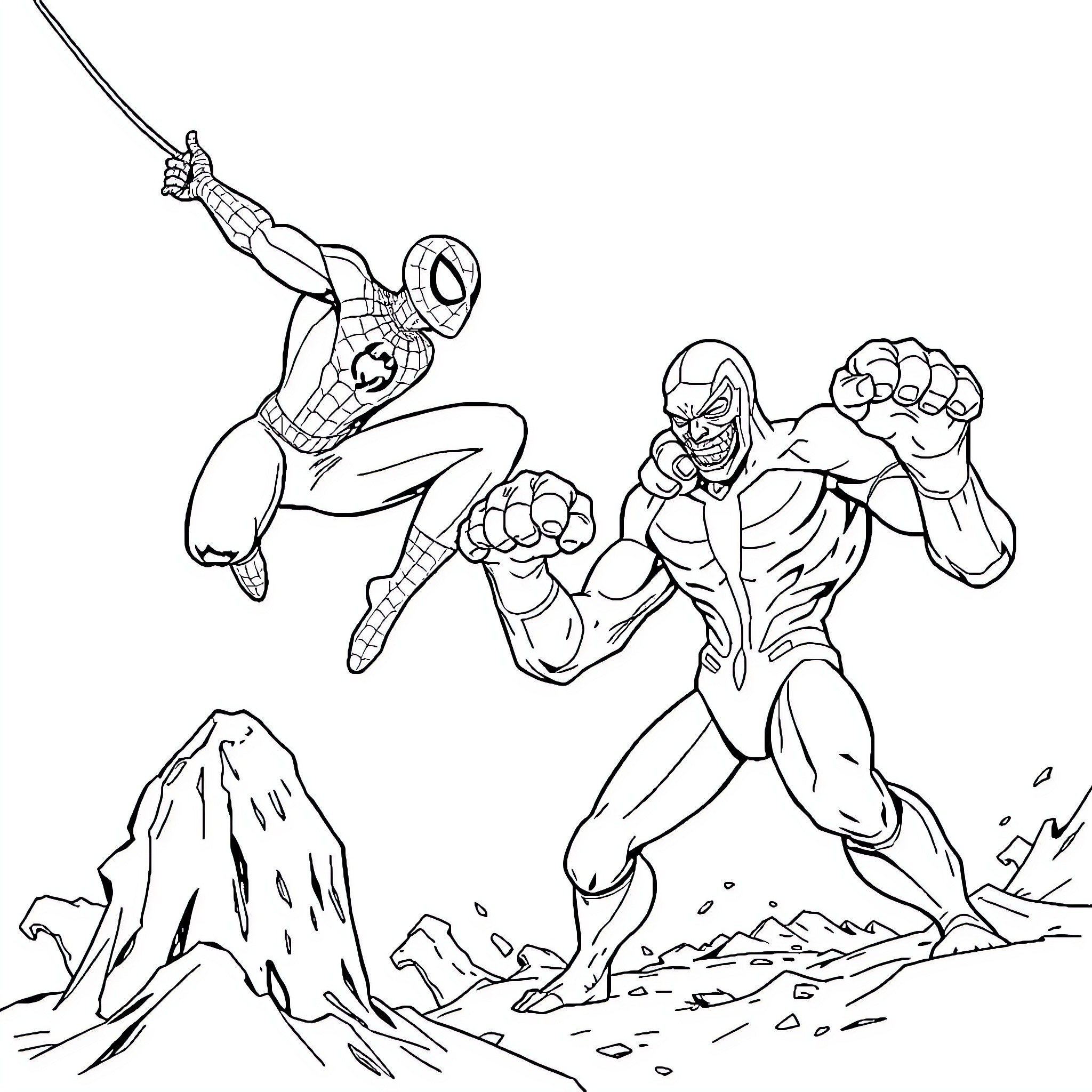 Spider-Man Battles Supervillain in Rocky Terrain Coloring Page (free black-and-white line drawing printable PDF for all, from beginners to advanced learners, including children, teens, adults, and seniors)