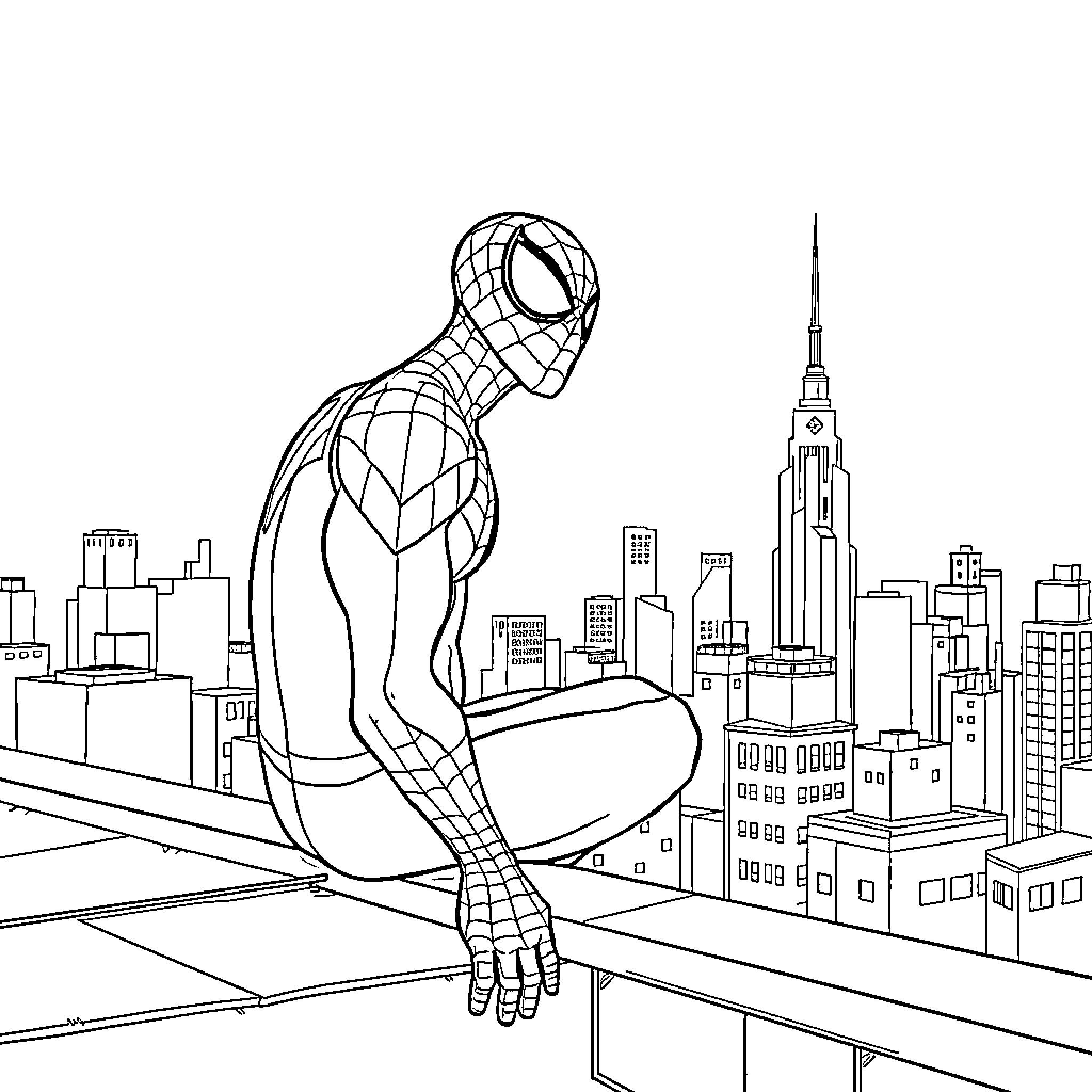 Spiderman heroically poses on skyscraper amid cityscape Coloring Page (free black-and-white line drawing printable PDF for all, from beginners to advanced learners, including children, teens, adults, and seniors)