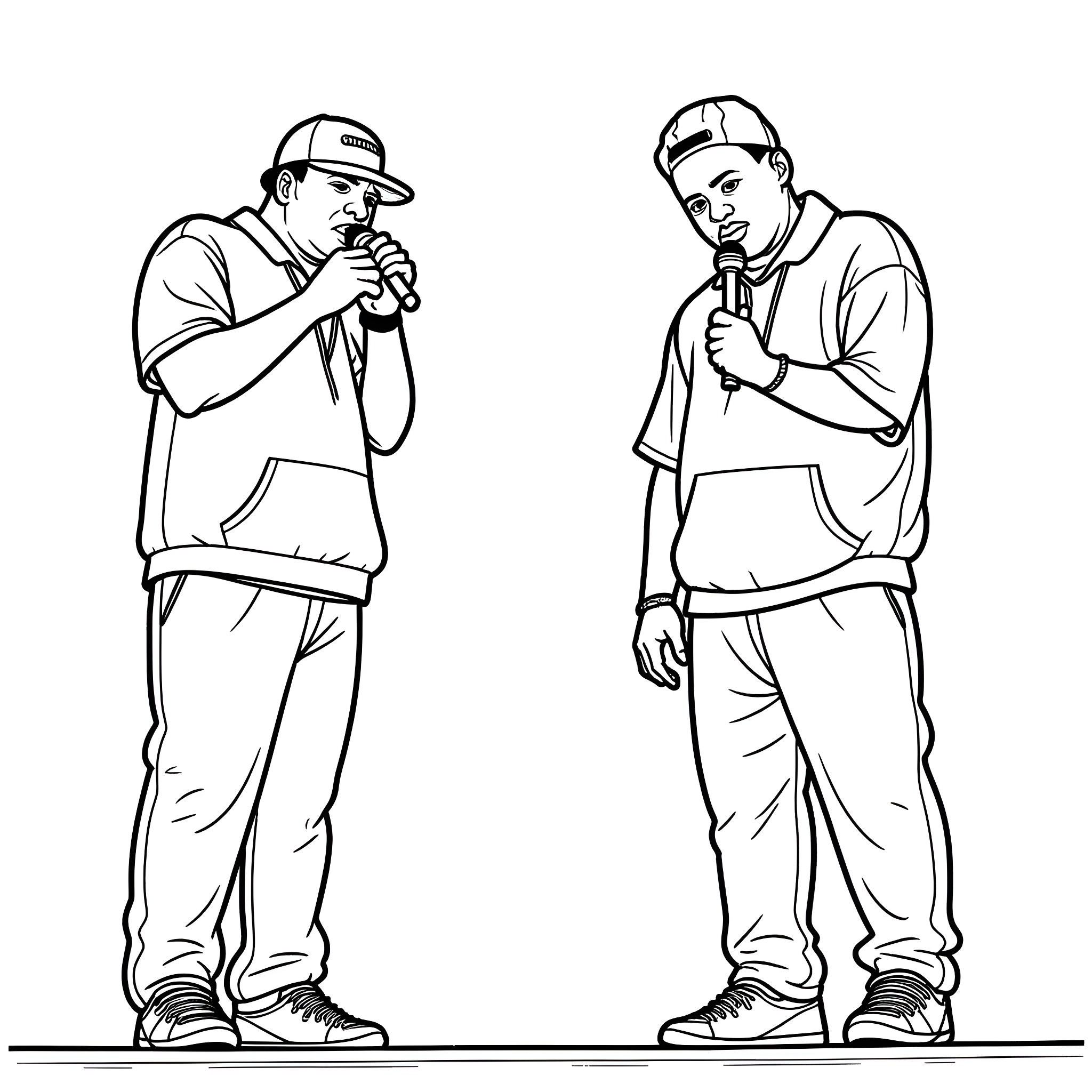 DJ Screw performing on stage with microphones Coloring Page (free black-and-white line drawing printable PDF for all, from beginners to advanced learners, including children, teens, adults, and seniors)