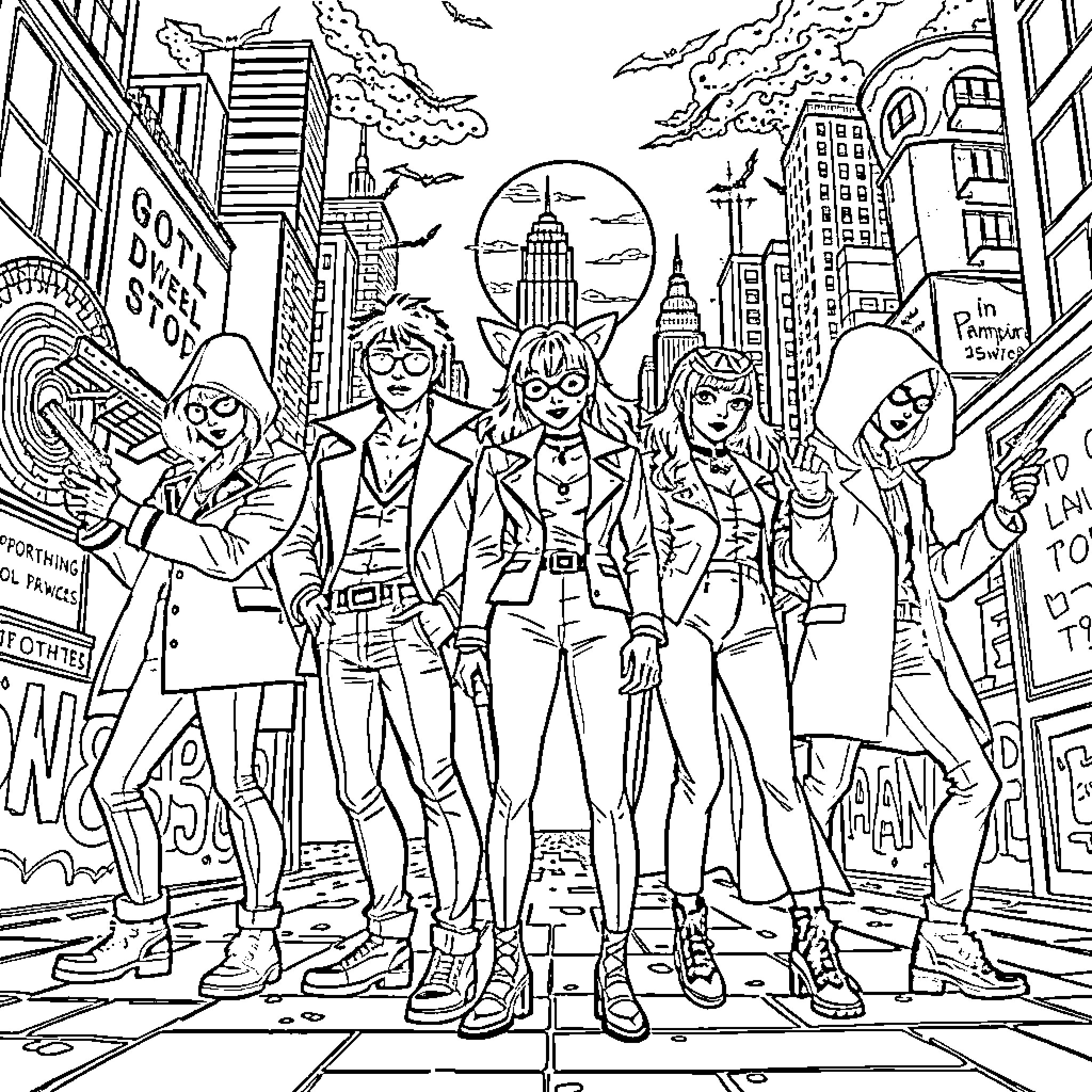Vampire Hunter Stalks the City Streets with Companions Coloring Page (free black-and-white line drawing printable PDF for all, from beginners to advanced learners, including children, teens, adults, and seniors)