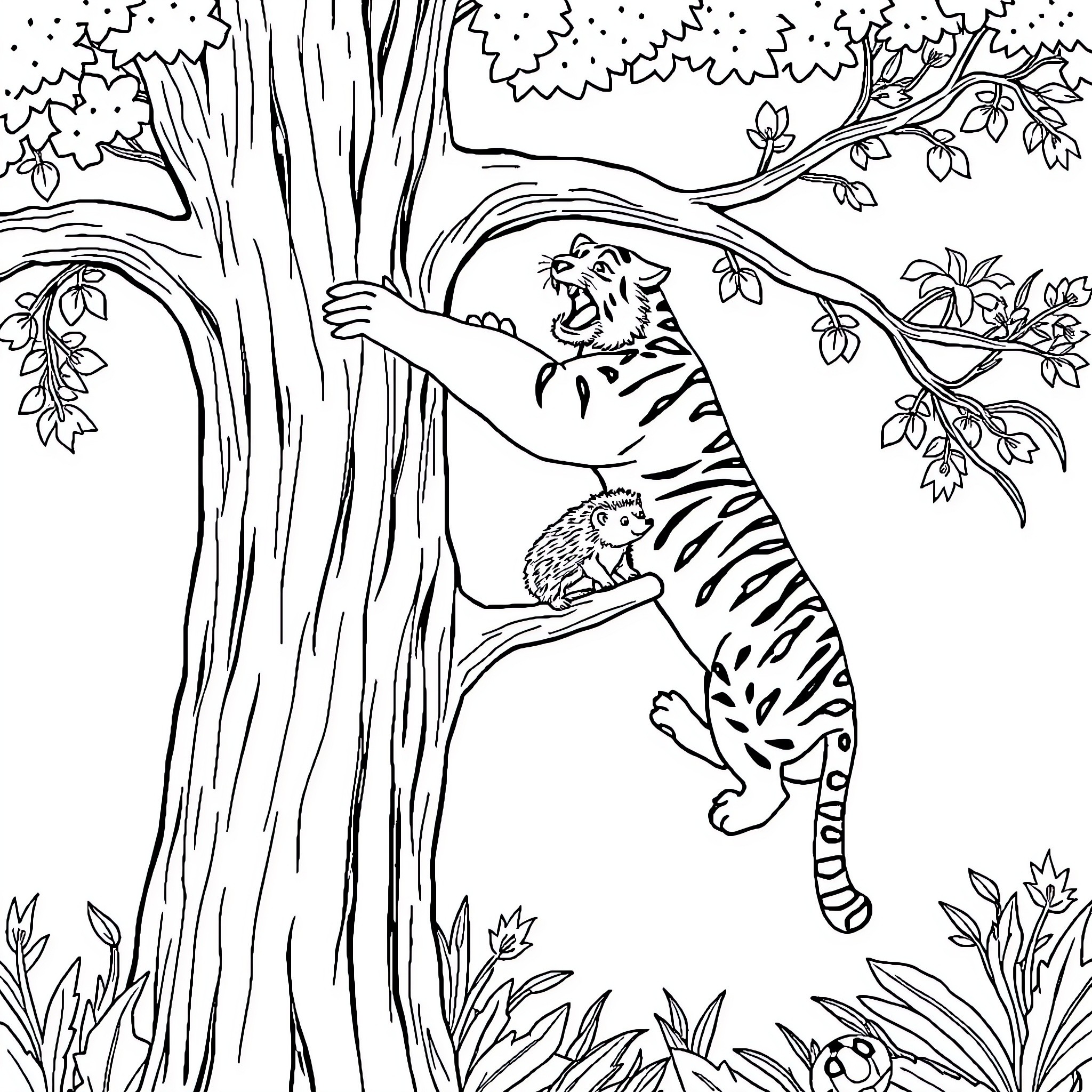Tiger Leaping Playfully in the Jungle Coloring Page (free black-and-white line drawing printable PDF for all, from beginners to advanced learners, including children, teens, adults, and seniors)