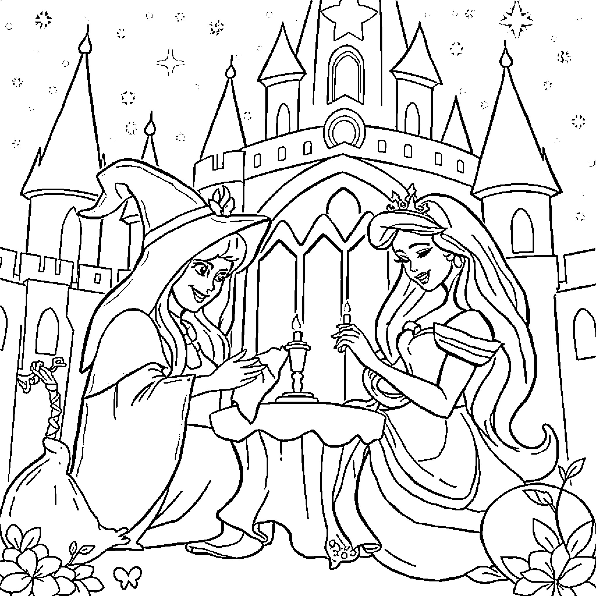 Sleeping Beauty's fairy tale castle adventure Coloring Page (free black-and-white line drawing printable PDF for all, from beginners to advanced learners, including children, teens, adults, and seniors)