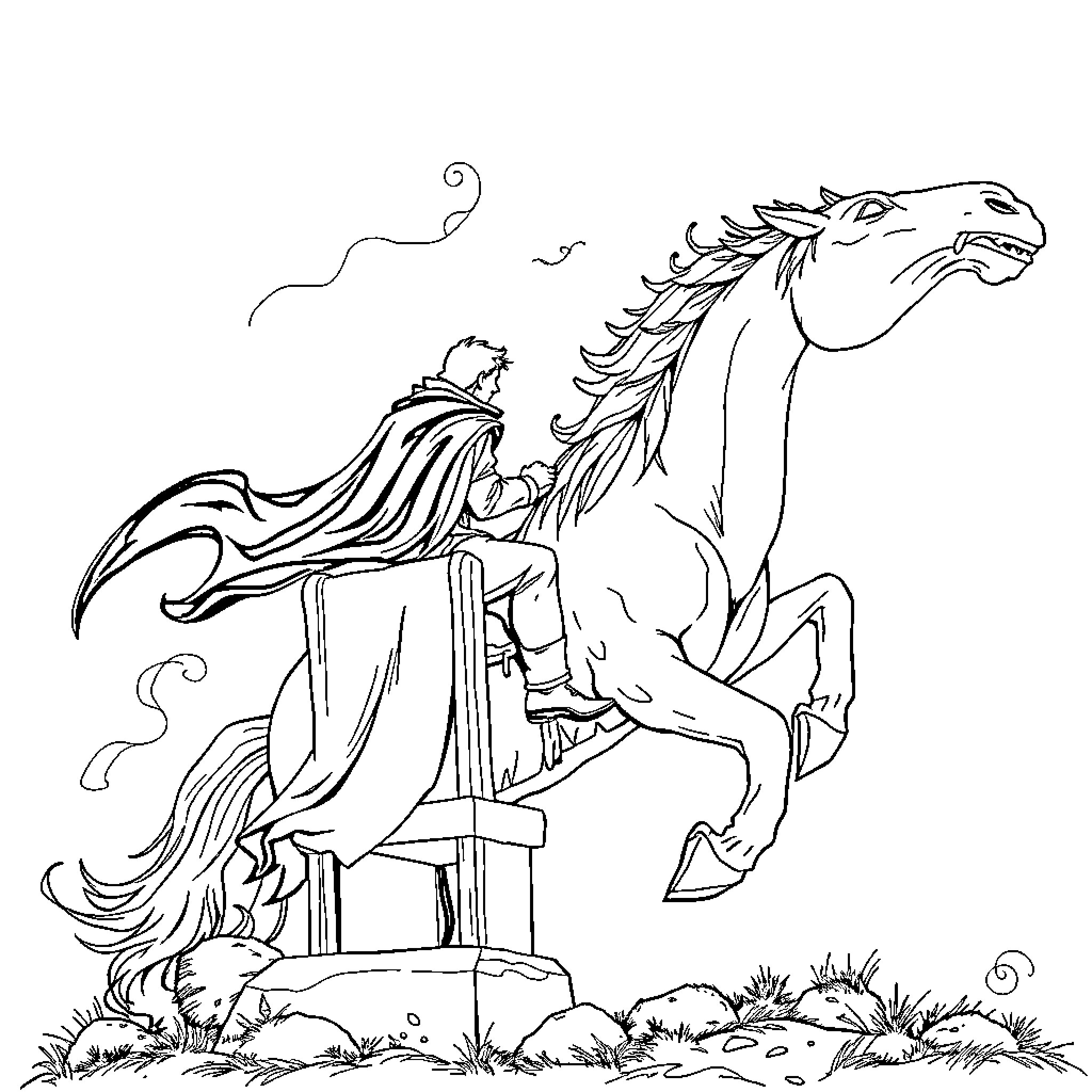 Raven riding a fantastical horse in the wilderness Coloring Page (free black-and-white line drawing printable PDF for all, from beginners to advanced learners, including children, teens, adults, and seniors)