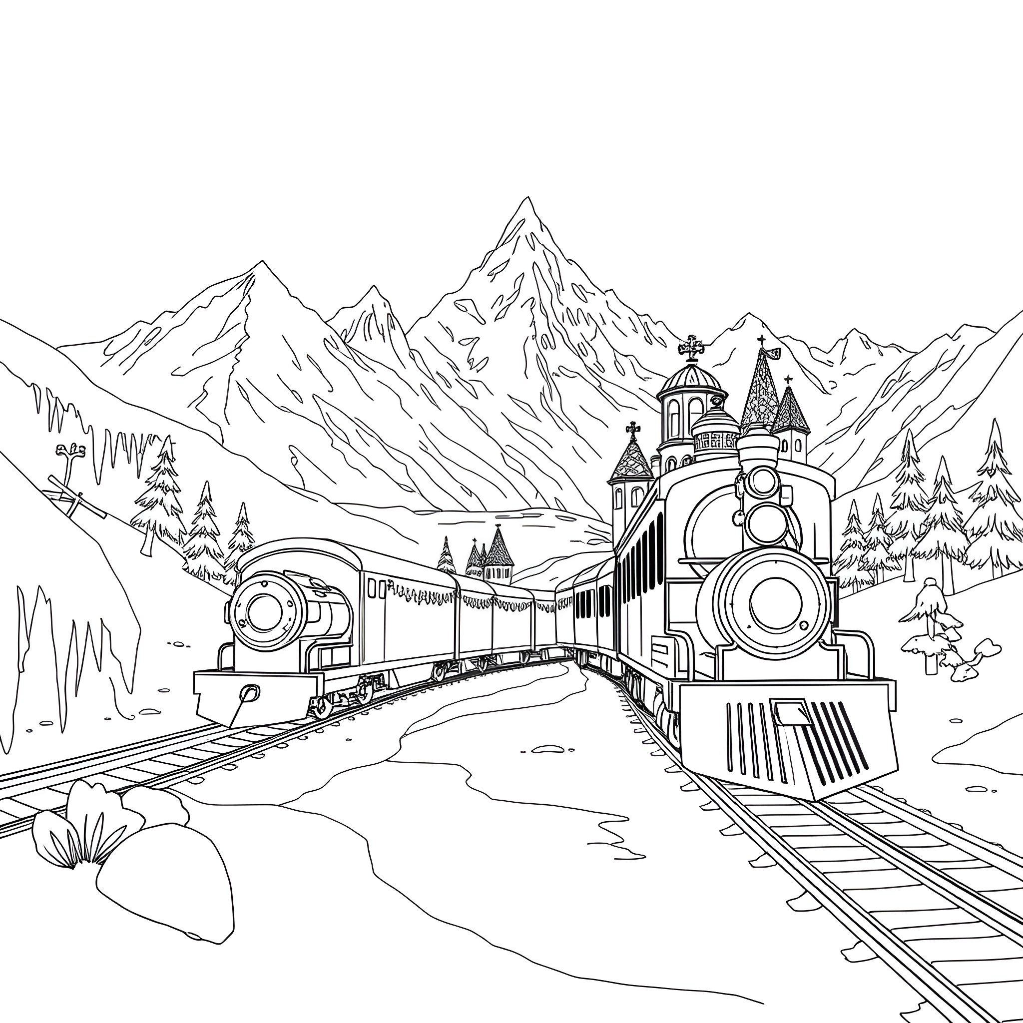 Train crossing scenic mountain landscape Coloring Page (free black-and-white line drawing printable PDF for all, from beginners to advanced learners, including children, teens, adults, and seniors)