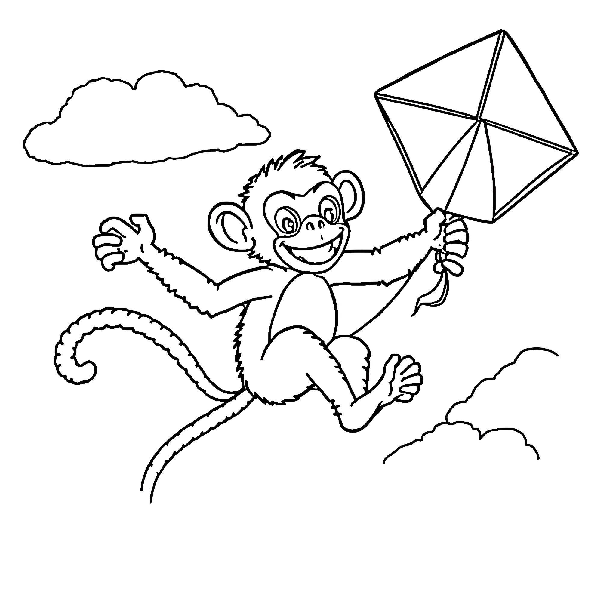 Monkey flying a kite in the clouds Coloring Page (free black-and-white line drawing printable PDF for all, from beginners to advanced learners, including children, teens, adults, and seniors)