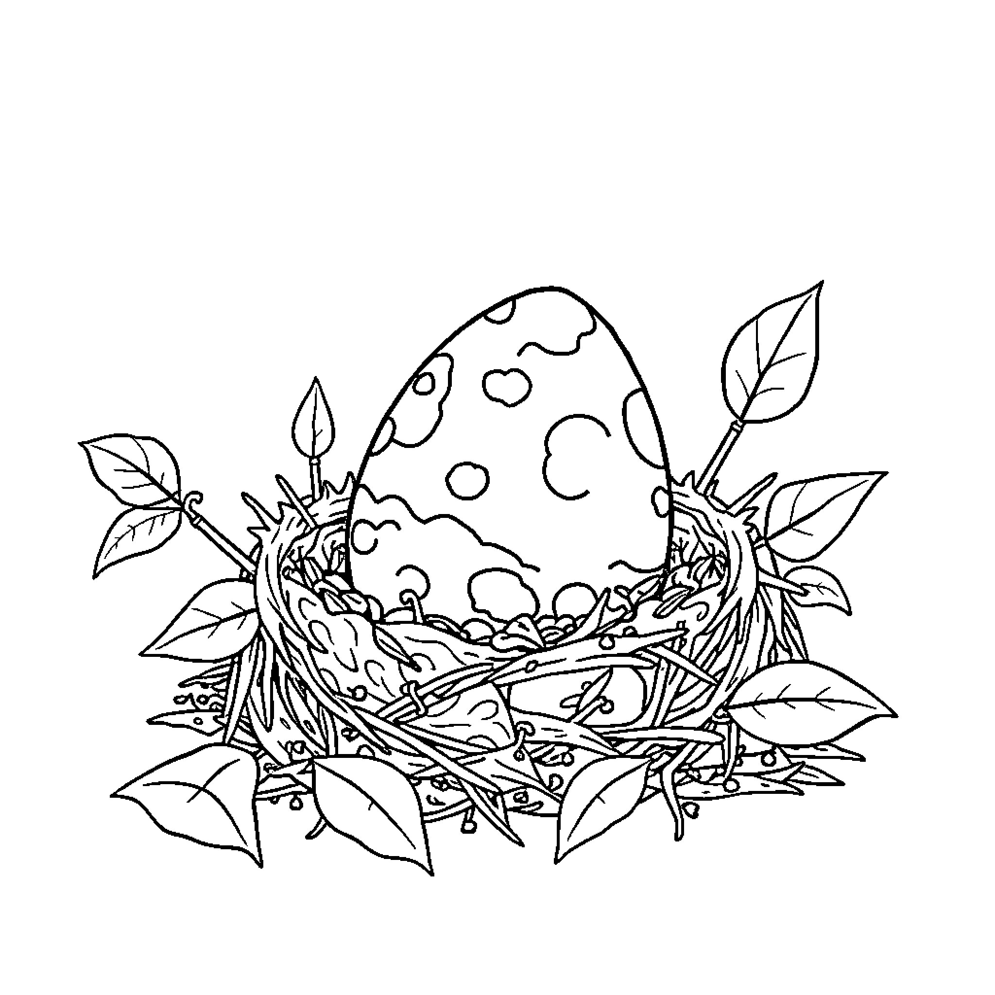 Dinosaur Egg nestled in a cozy leaf-filled nest Coloring Page (free black-and-white line drawing printable PDF for all, from beginners to advanced learners, including children, teens, adults, and seniors)