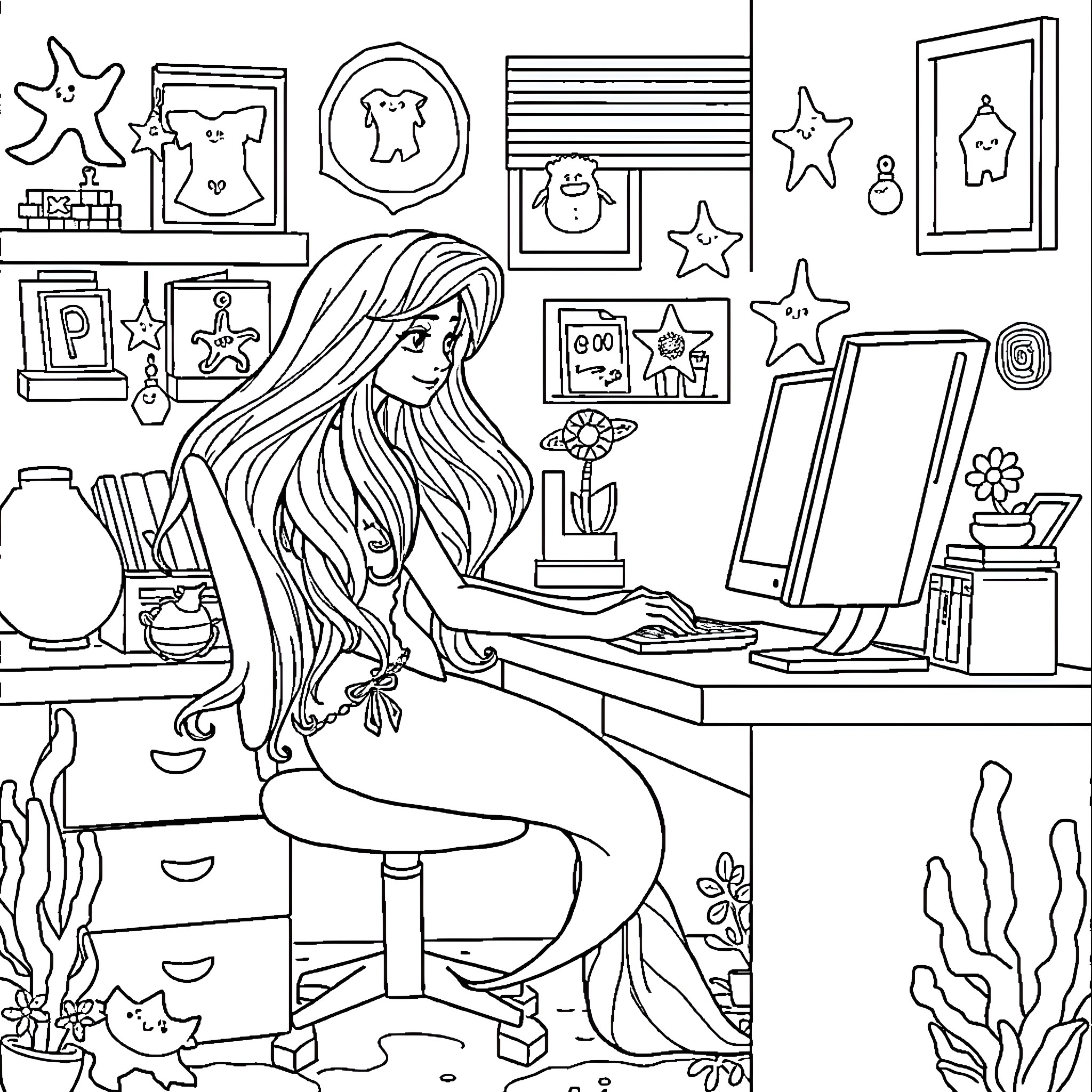 Mermaid working diligently at her desk Coloring Page (free black-and-white line drawing printable PDF for all, from beginners to advanced learners, including children, teens, adults, and seniors)