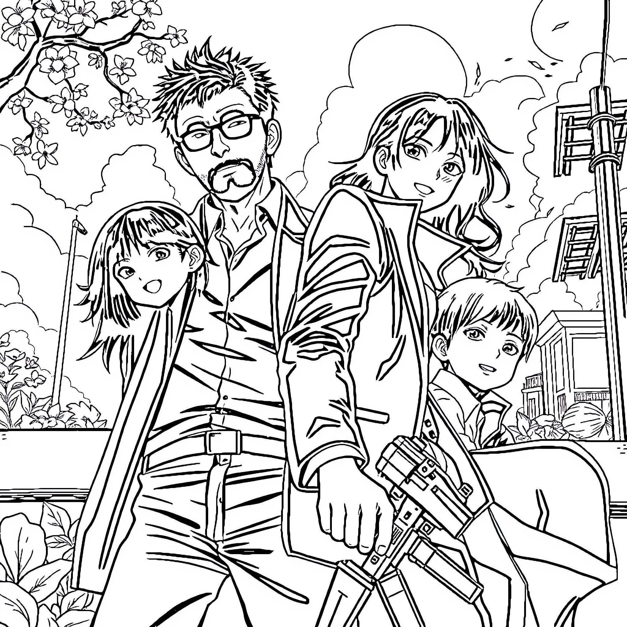 Sakamoto Days - Family Outing in the City Coloring Page (free black-and-white line drawing printable PDF for all, from beginners to advanced learners, including children, teens, adults, and seniors)