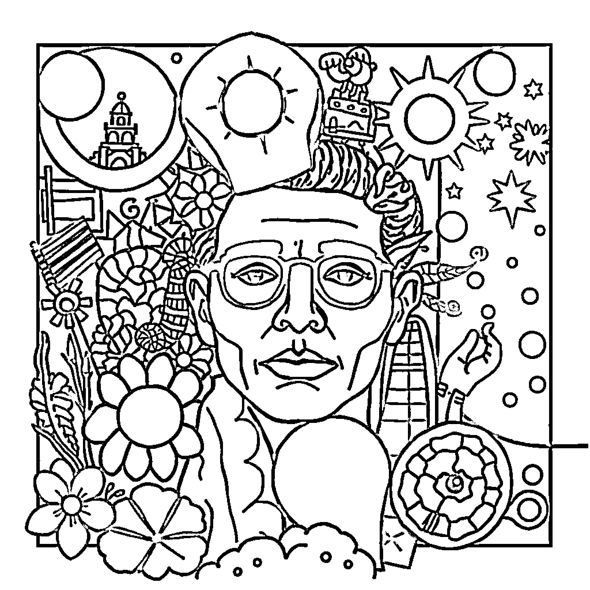 Collage of Whimsical Faces and Symbols Coloring Page (free black-and-white line drawing printable PDF for all, from beginners to advanced learners, including children, teens, adults, and seniors)