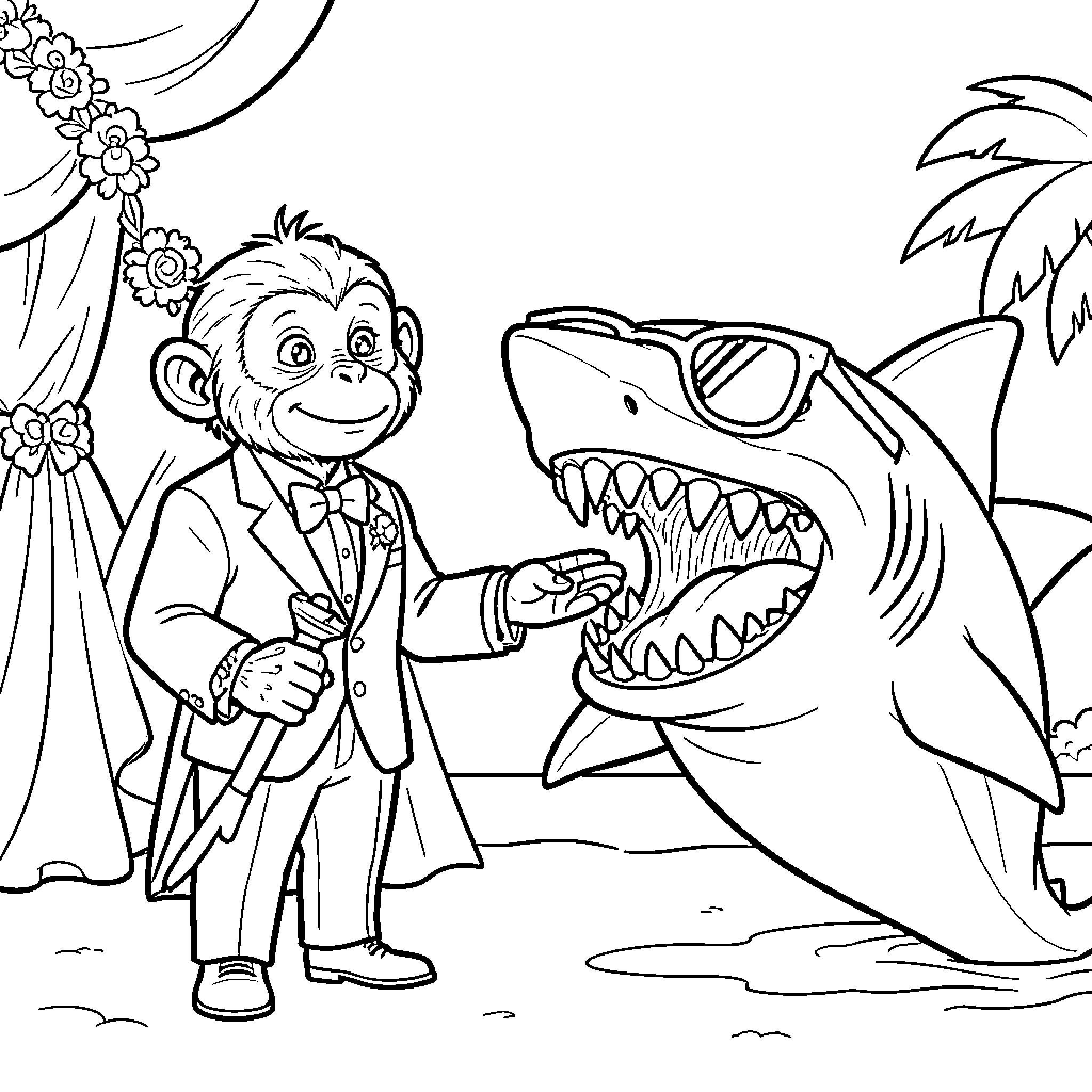 Single Monkey Encounters Fearsome Shark Coloring Page (free black-and-white line drawing printable PDF for all, from beginners to advanced learners, including children, teens, adults, and seniors)
