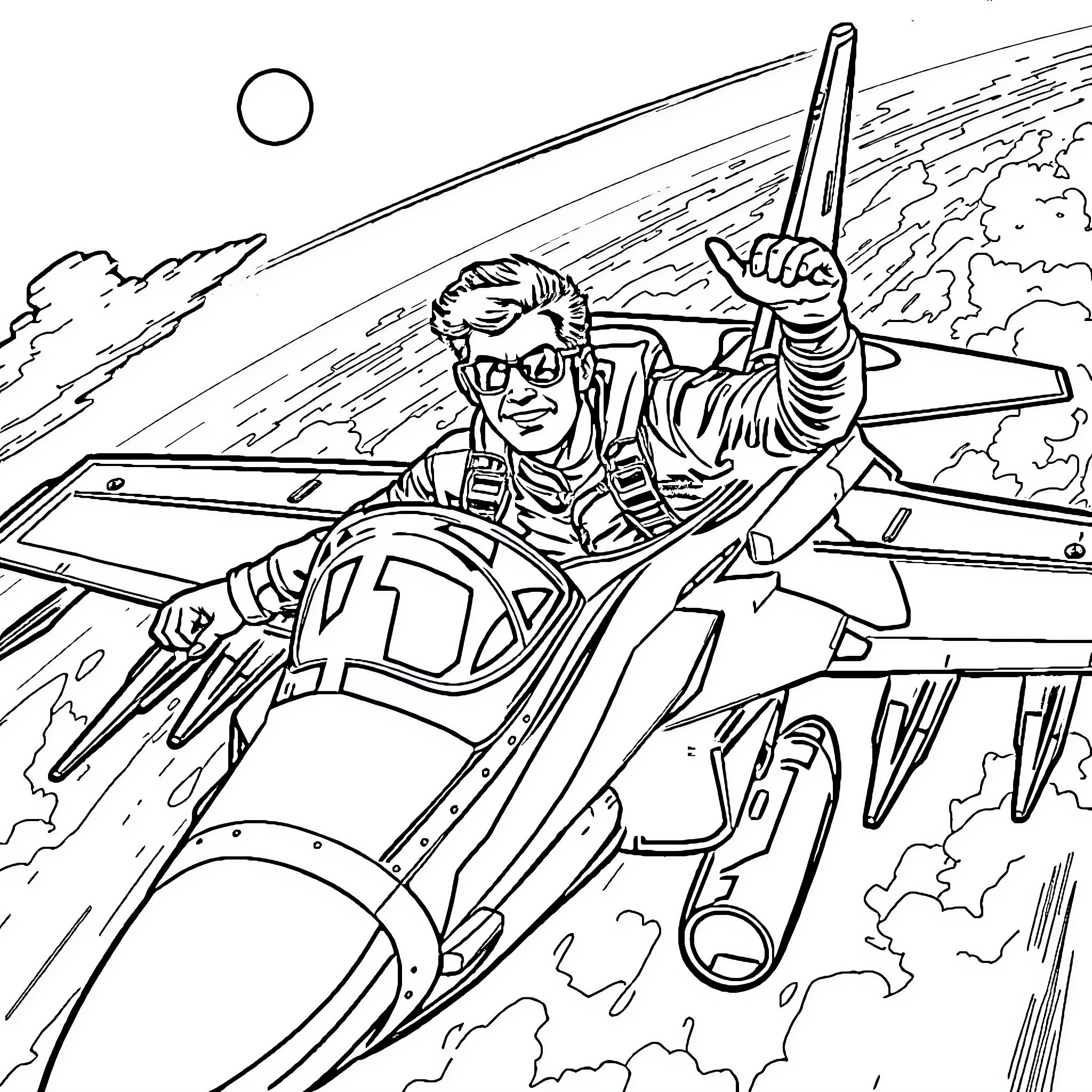 Maverick's Aerial Maneuvers in the Skies Coloring Page (free black-and-white line drawing printable PDF for all, from beginners to advanced learners, including children, teens, adults, and seniors)