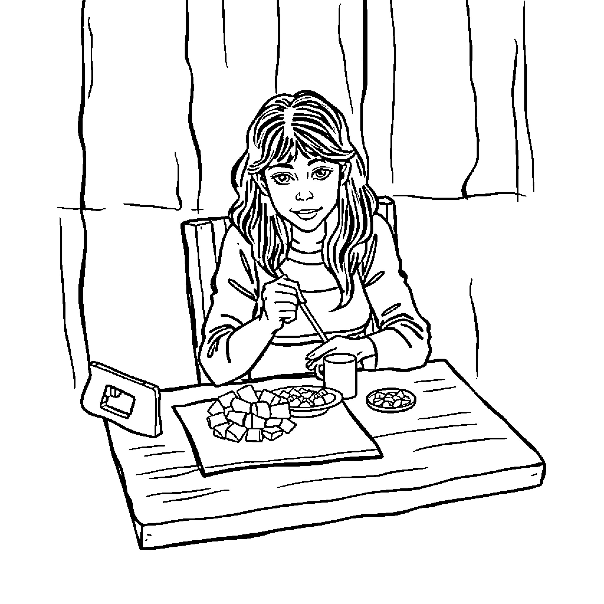 Table Saw: Person Enjoying Craft Activity Coloring Page (free black-and-white line drawing printable PDF for all, from beginners to advanced learners, including children, teens, adults, and seniors)