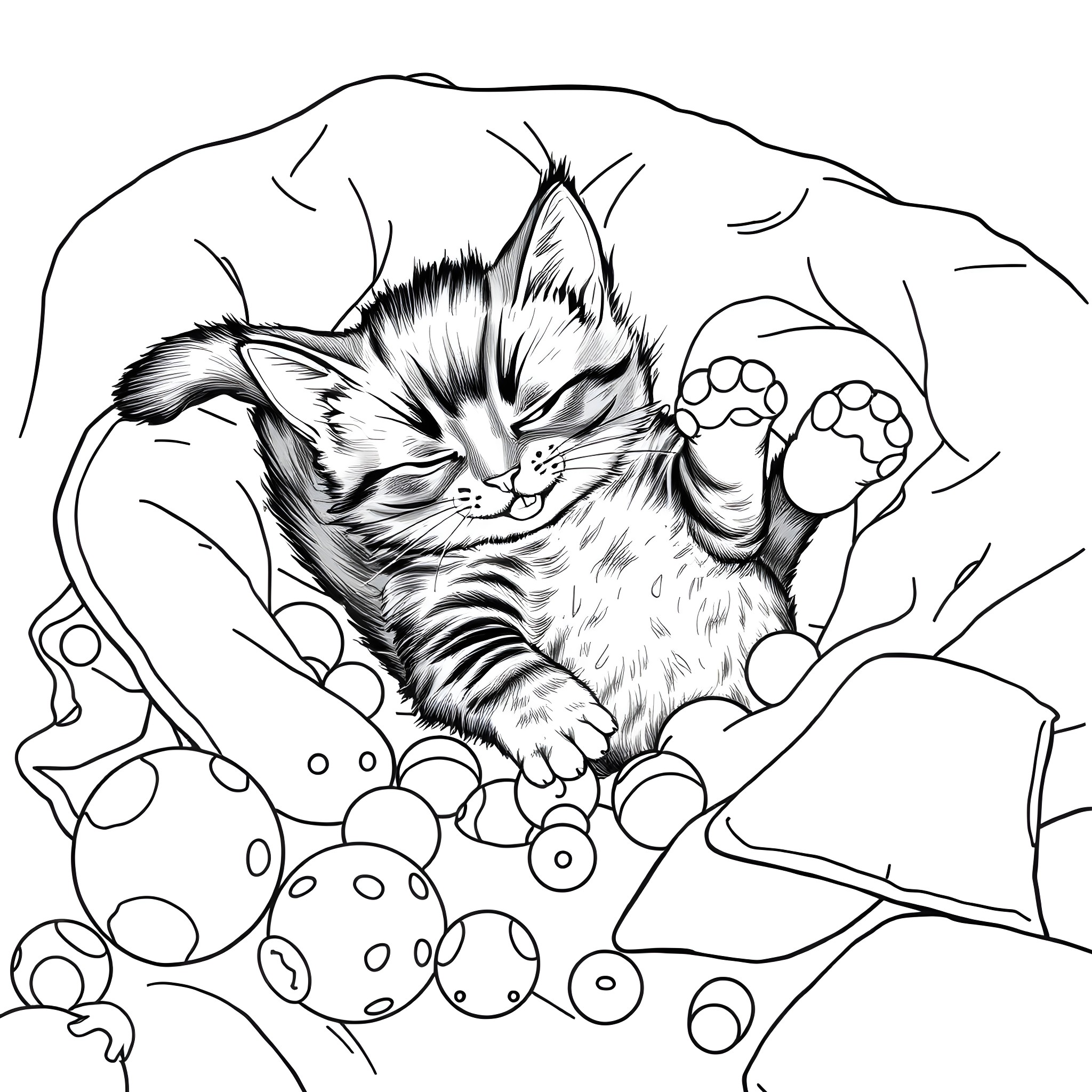 Cat playing with toys in the cozy bed Coloring Page (free black-and-white line drawing printable PDF for all, from beginners to advanced learners, including children, teens, adults, and seniors)