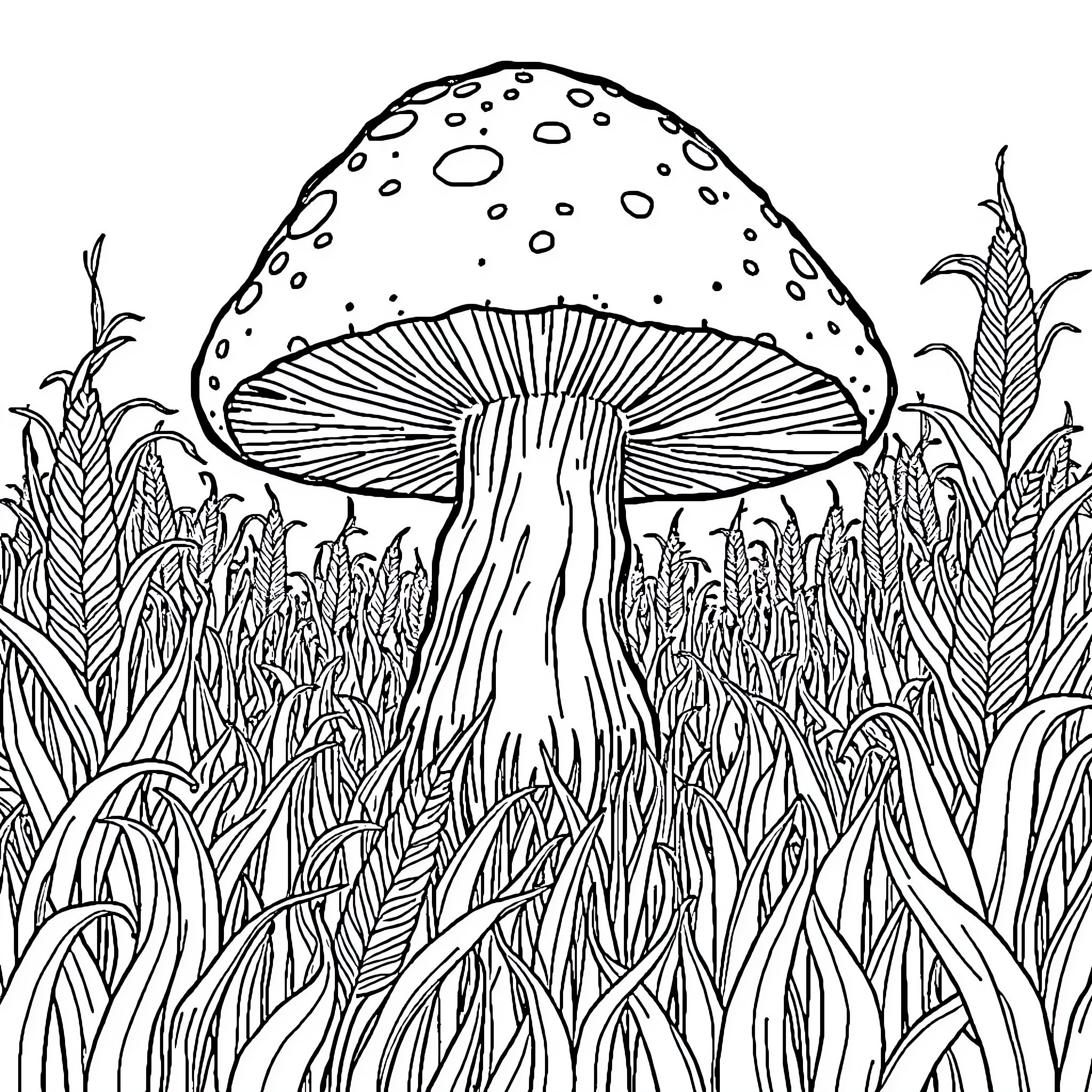 Mushroom growing in a lush forest Coloring Page (free black-and-white line drawing printable PDF for all, from beginners to advanced learners, including children, teens, adults, and seniors)