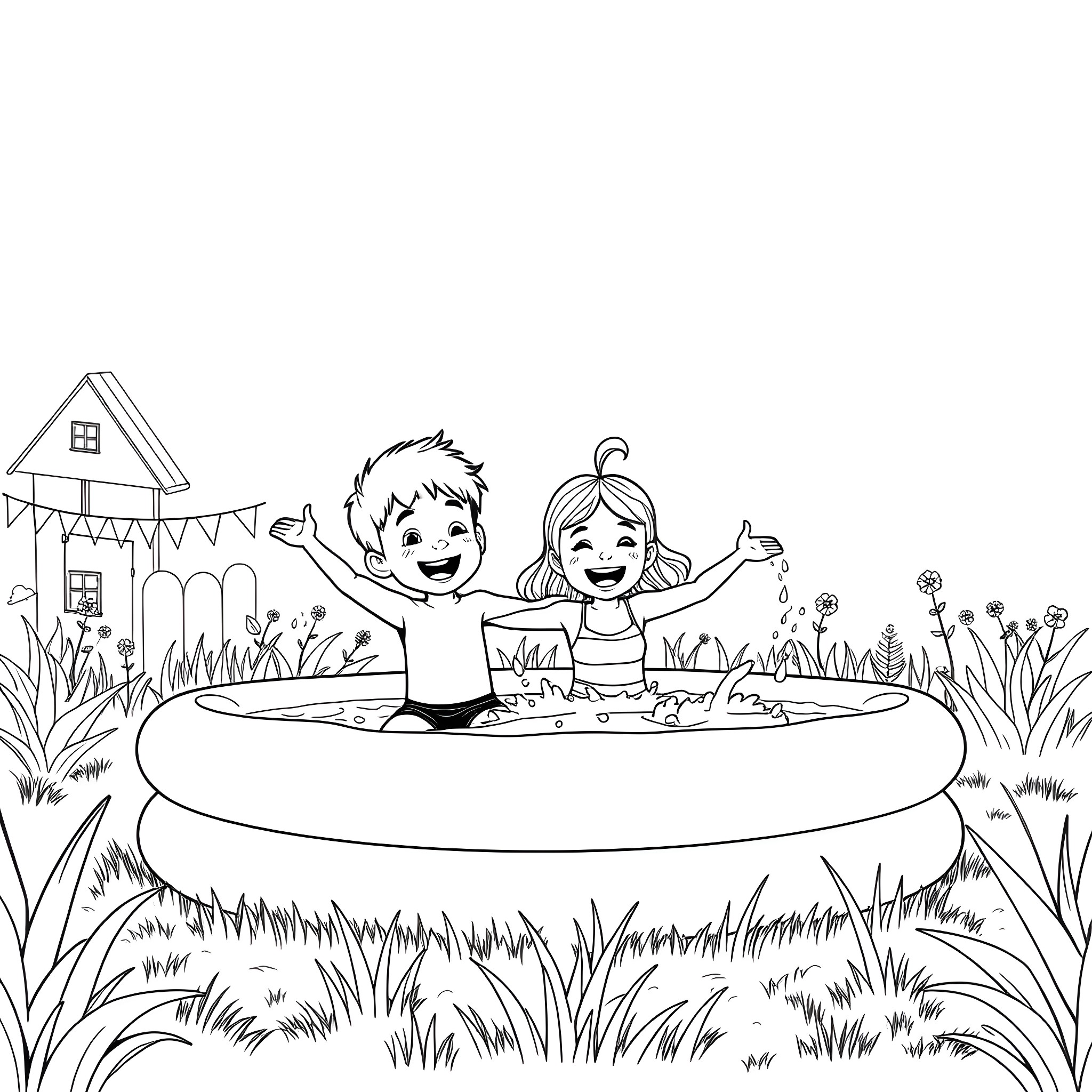 Children playing happily in an outdoor scene Coloring Page (free black-and-white line drawing printable PDF for all, from beginners to advanced learners, including children, teens, adults, and seniors)