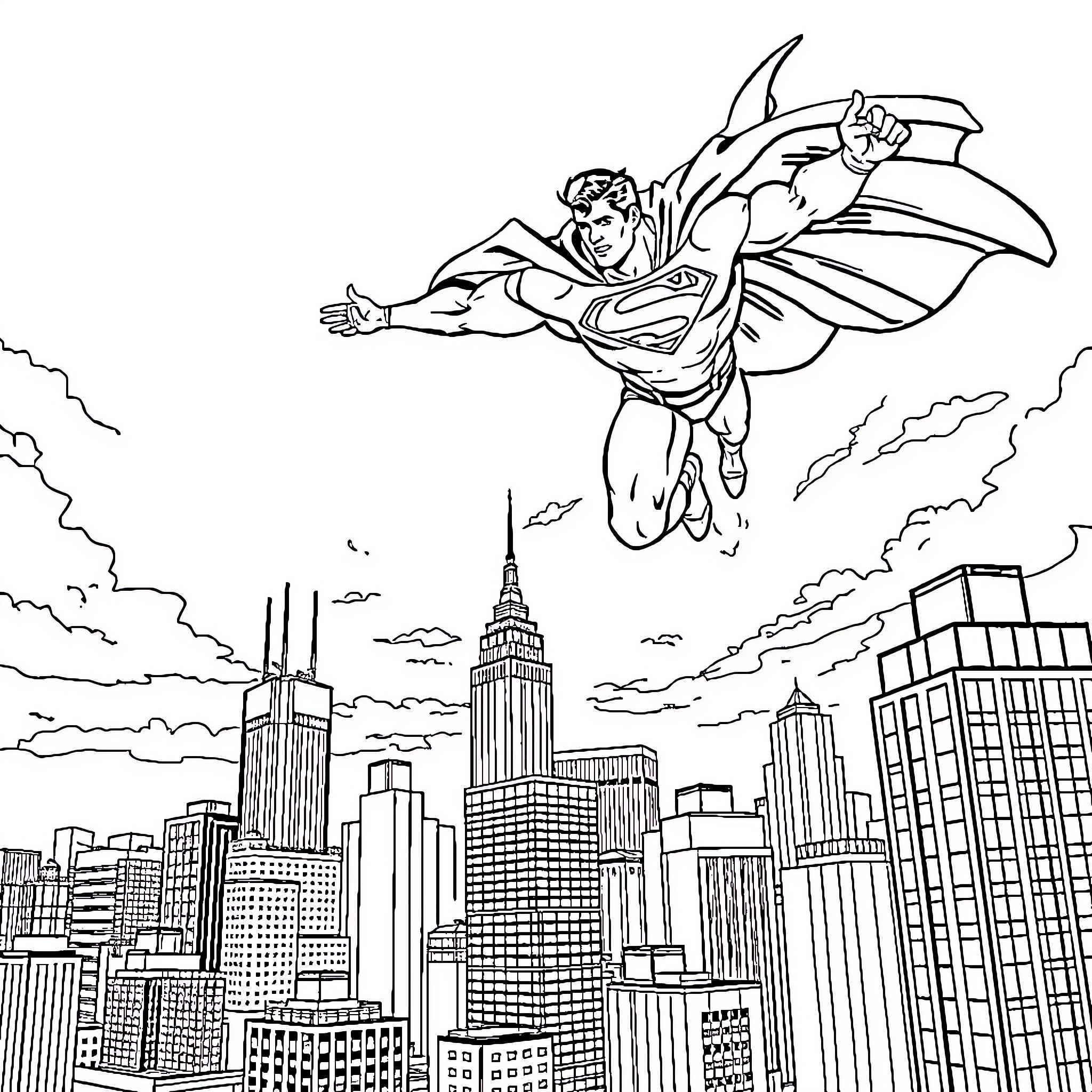 Superman soaring over the city skyline Coloring Page (free black-and-white line drawing printable PDF for all, from beginners to advanced learners, including children, teens, adults, and seniors)