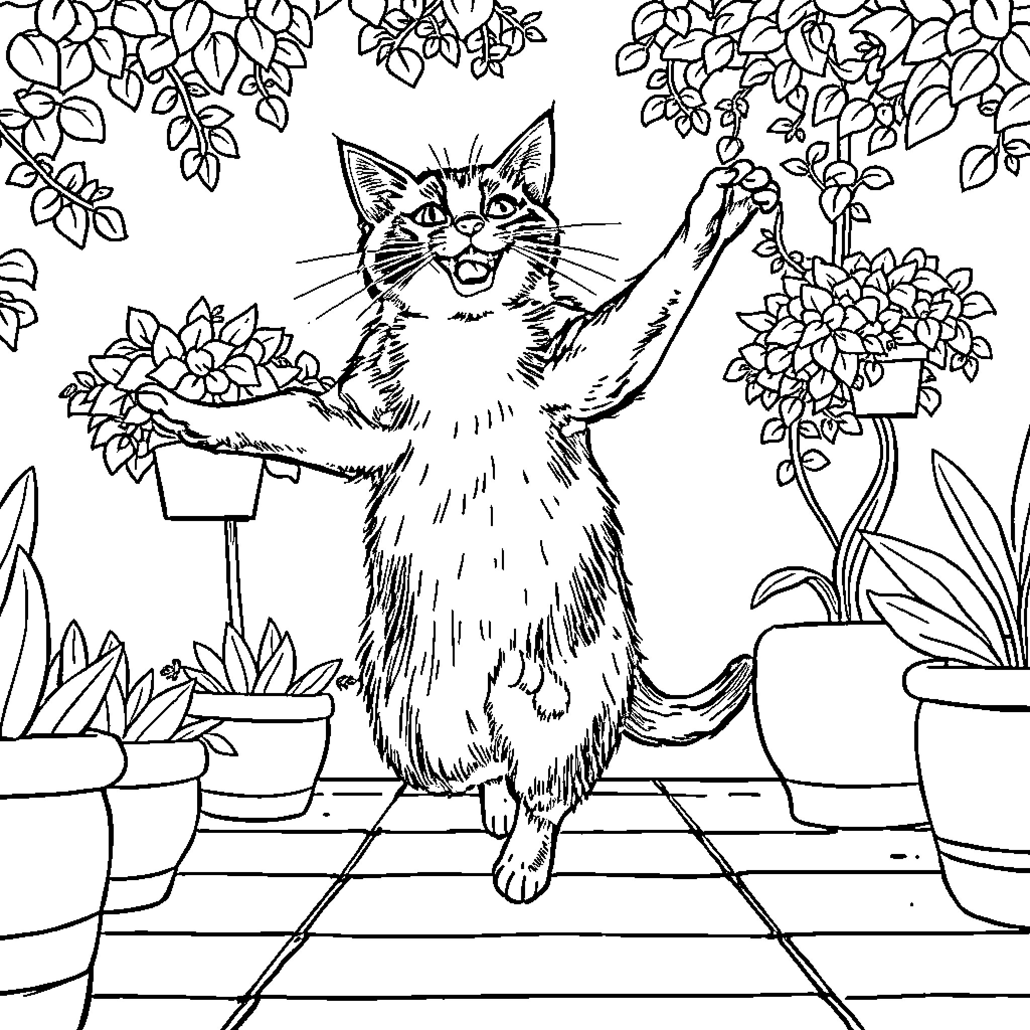 Cat enjoying the garden with plants Coloring Page (free black-and-white line drawing printable PDF for all, from beginners to advanced learners, including children, teens, adults, and seniors)