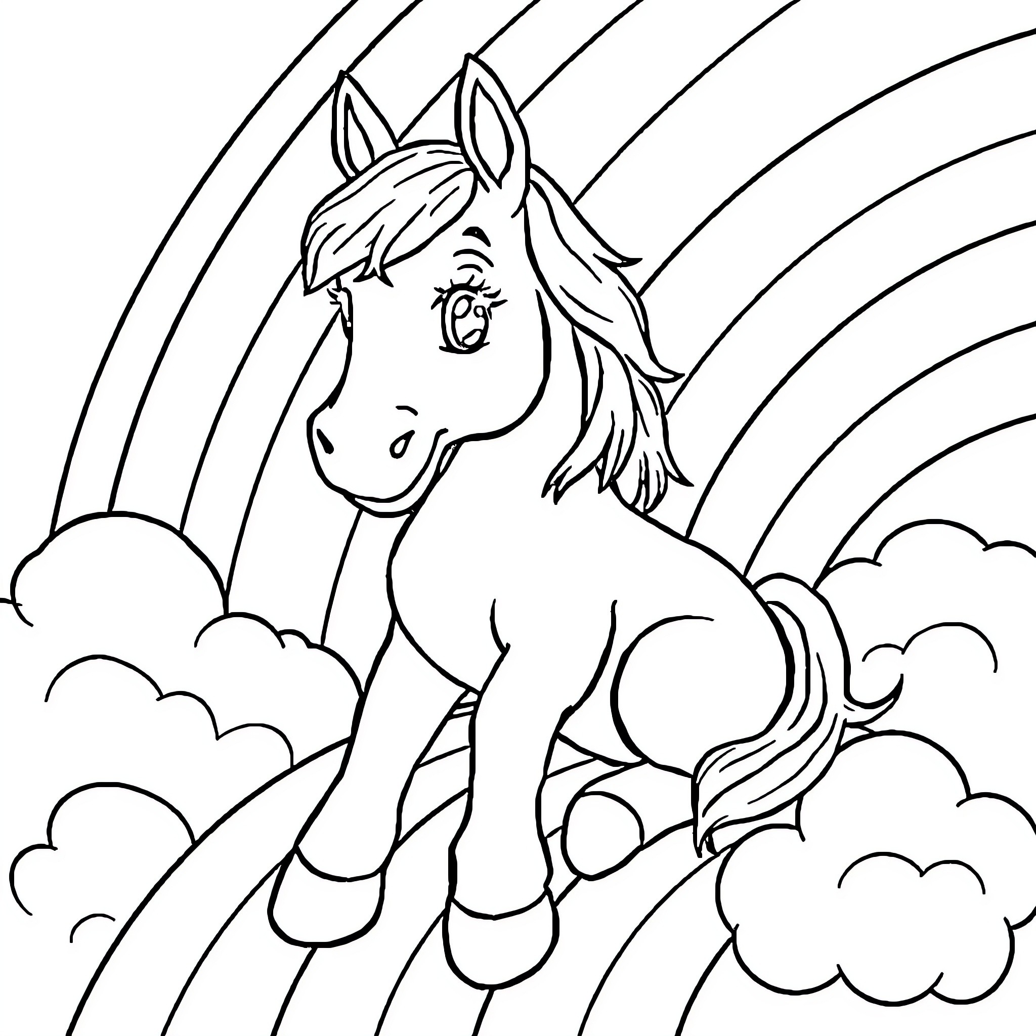 Horse standing amidst clouds and rainbows Coloring Page (free black-and-white line drawing printable PDF for all, from beginners to advanced learners, including children, teens, adults, and seniors)