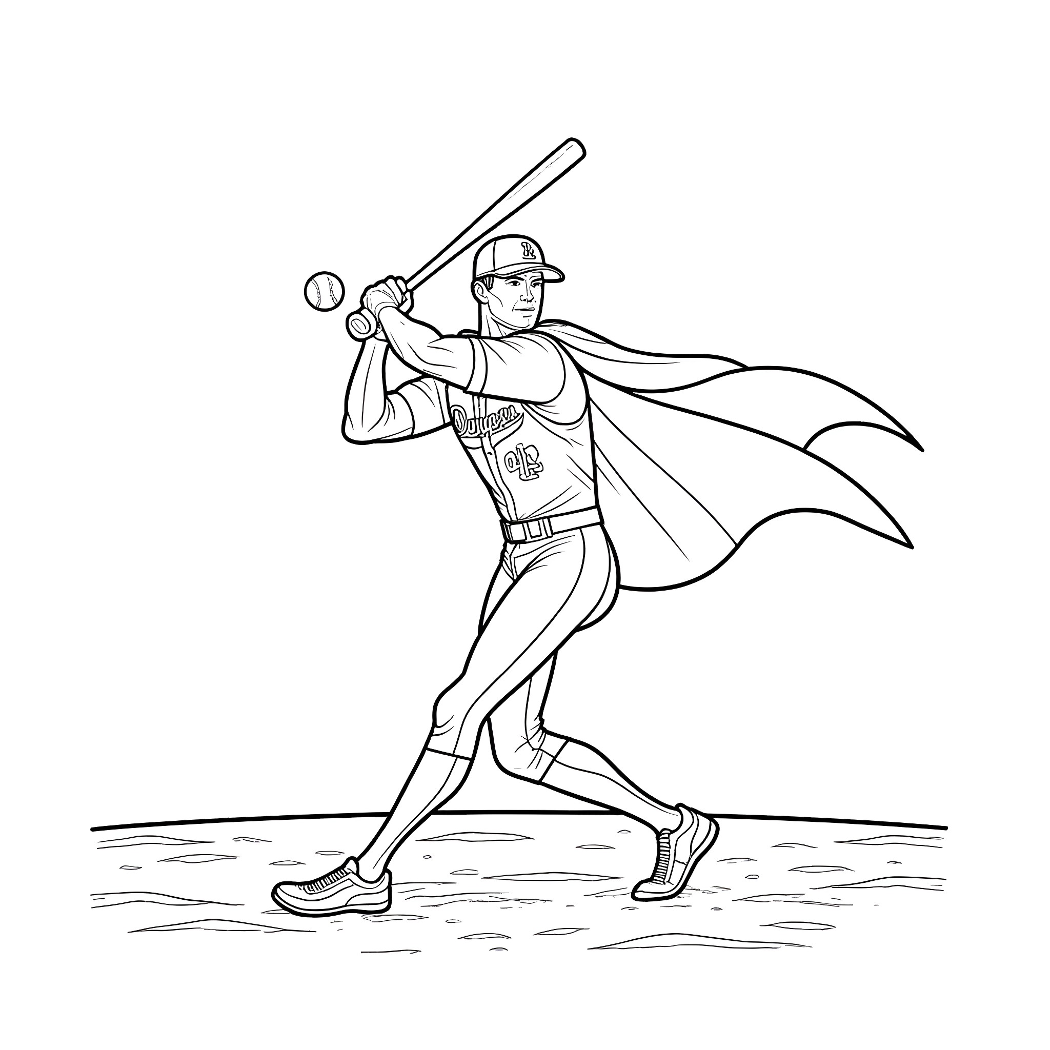 Superman Playing Baseball in the Park Coloring Page (free black-and-white line drawing printable PDF for all, from beginners to advanced learners, including children, teens, adults, and seniors)
