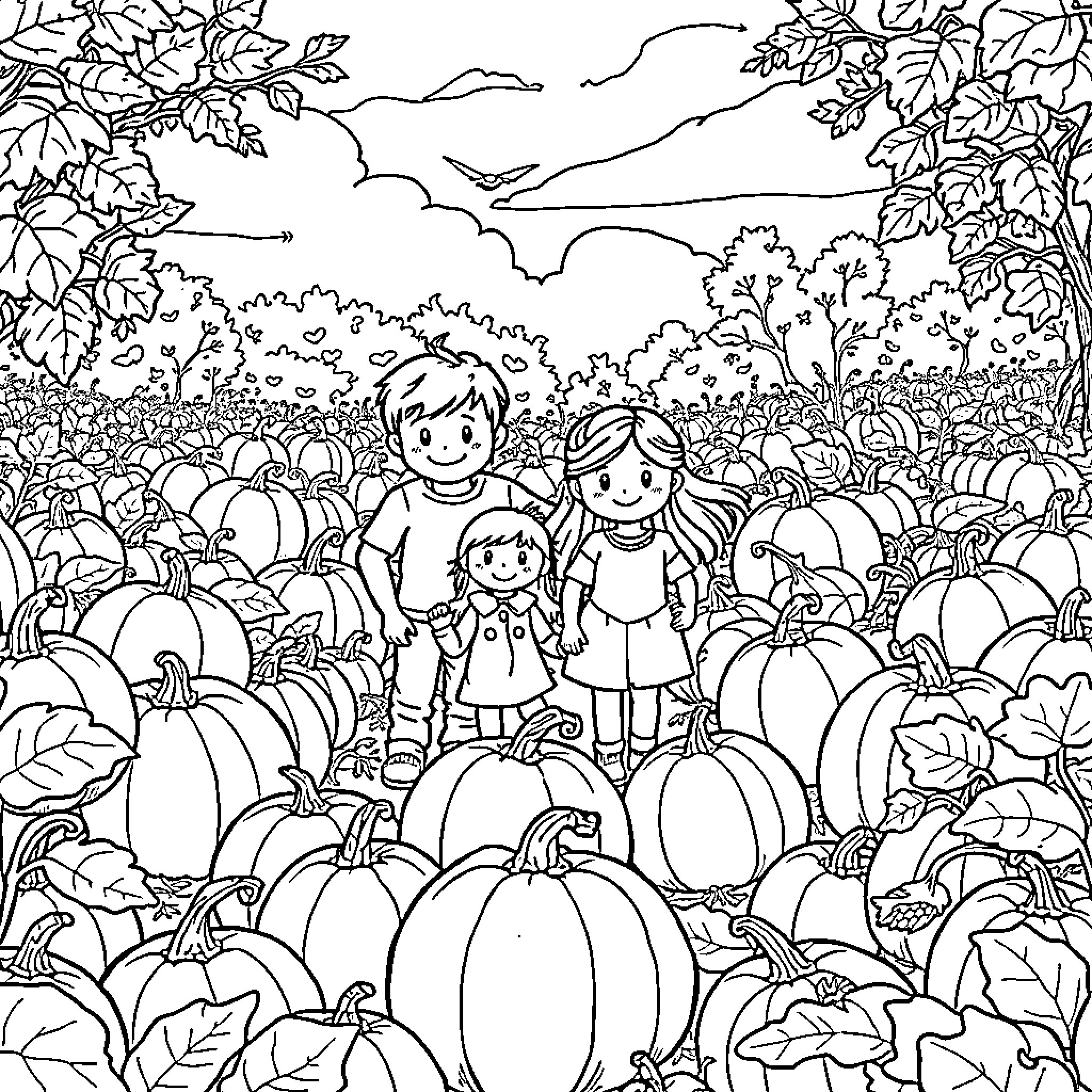 Family enjoying the pumpkin patch in autumn Coloring Page (free black-and-white line drawing printable PDF for all, from beginners to advanced learners, including children, teens, adults, and seniors)