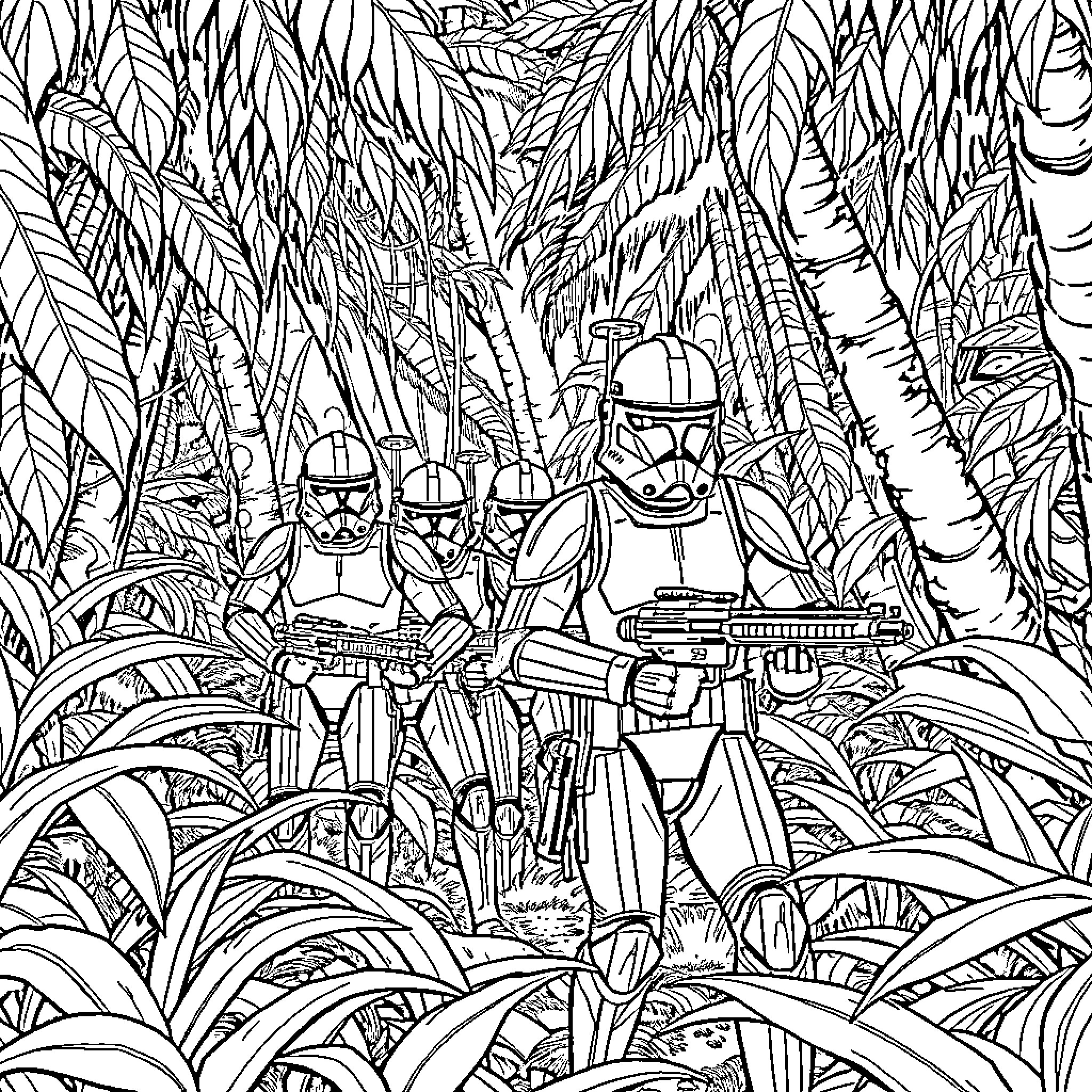 Clone Soldier walking through a dense jungle Coloring Page (free black-and-white line drawing printable PDF for all, from beginners to advanced learners, including children, teens, adults, and seniors)