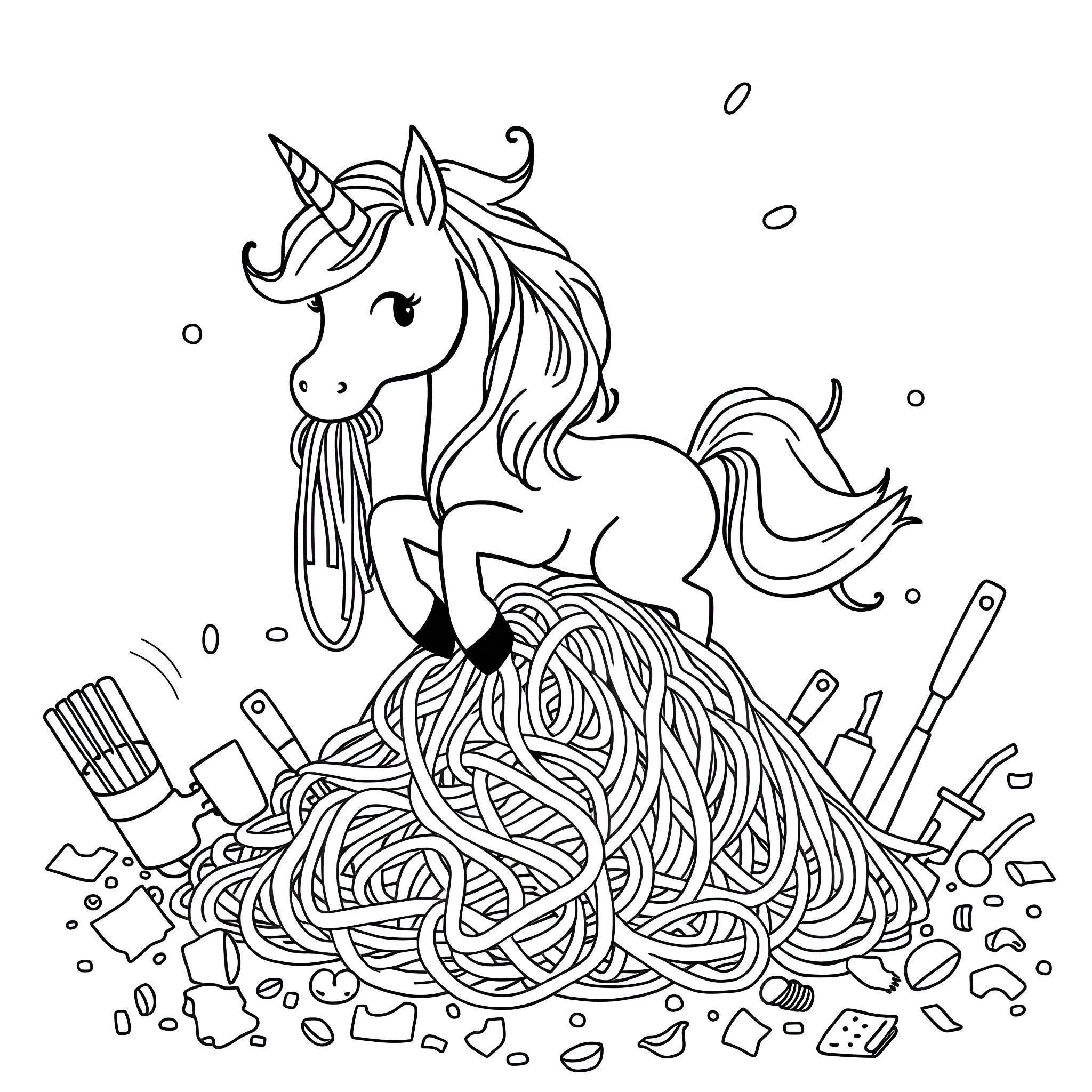 Unicorn tangled in a mess of spaghetti Coloring Page (free black-and-white line drawing printable PDF for all, from beginners to advanced learners, including children, teens, adults, and seniors)