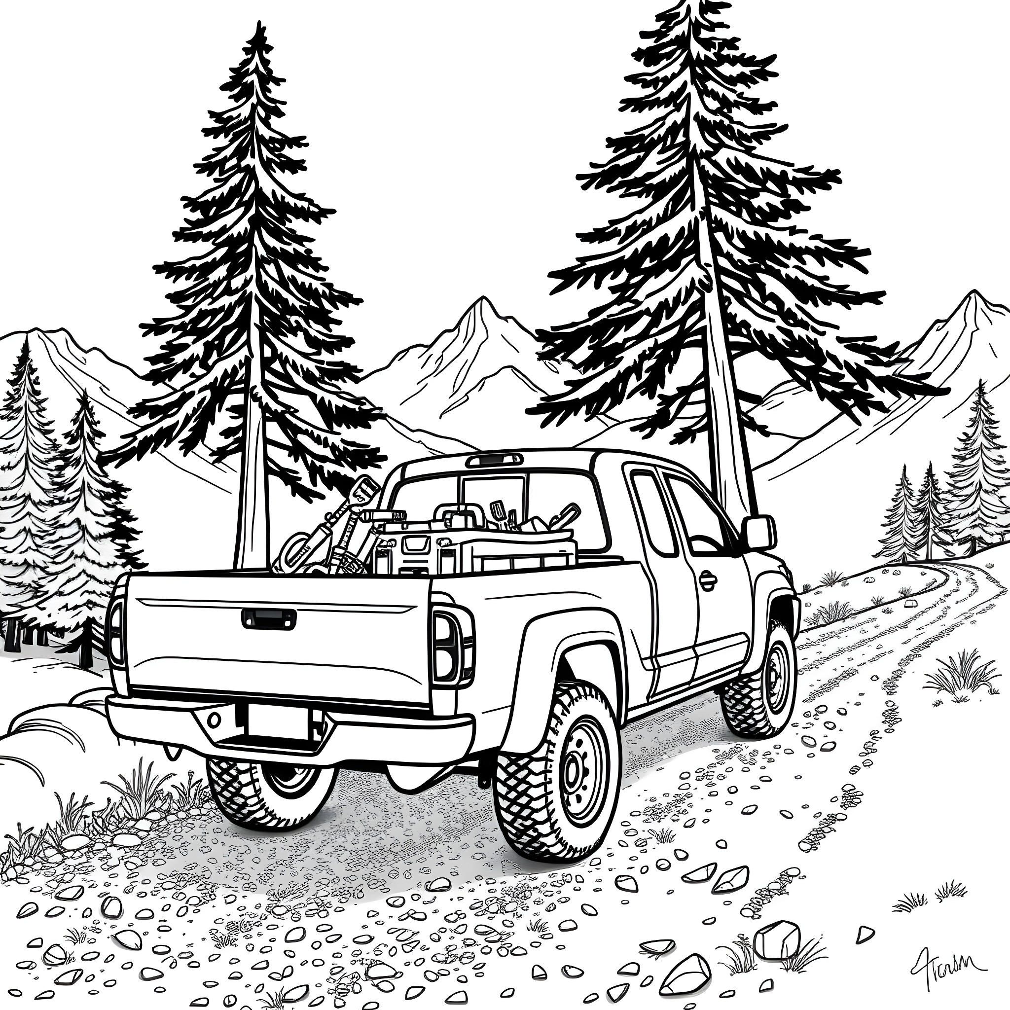 Pick Up Truck Driving Through Mountain Scenery Coloring Page (free black-and-white line drawing printable PDF for all, from beginners to advanced learners, including children, teens, adults, and seniors)