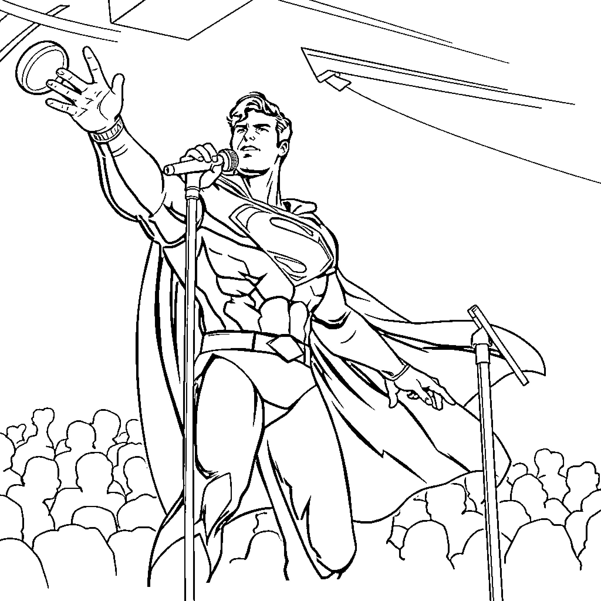 Superman addressing a crowd with heroic gesture Coloring Page (free black-and-white line drawing printable PDF for all, from beginners to advanced learners, including children, teens, adults, and seniors)