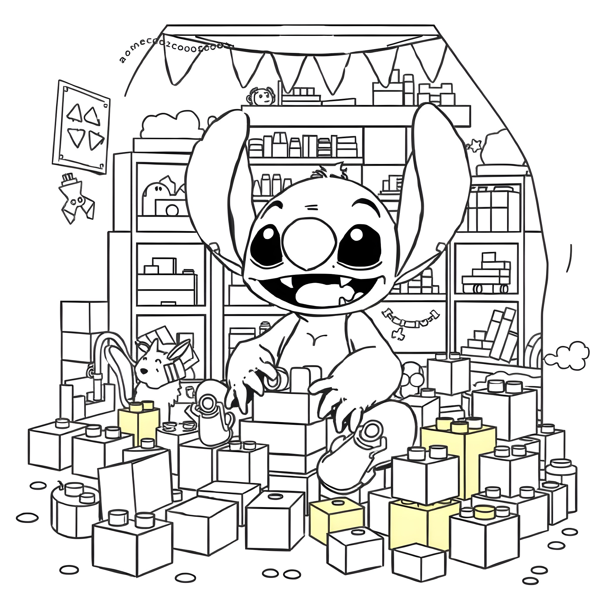 Stitch playing among toys and trinkets Coloring Page (free black-and-white line drawing printable PDF for all, from beginners to advanced learners, including children, teens, adults, and seniors)