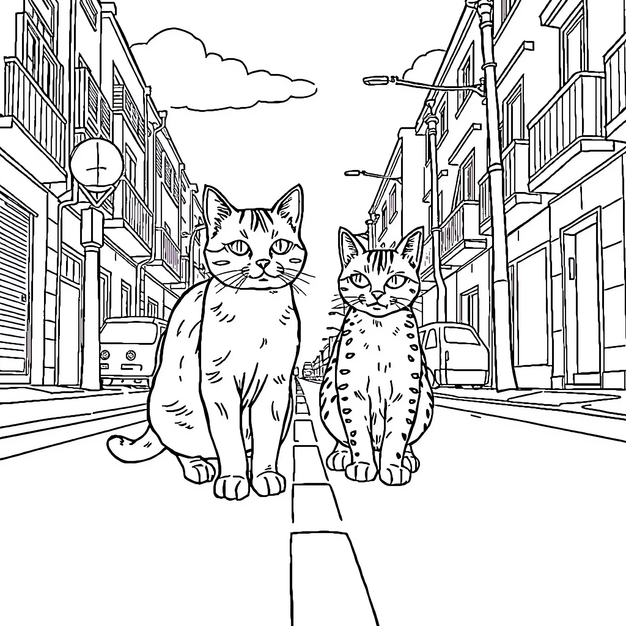 Gato Companions Strolling Through City Streets Coloring Page (free black-and-white line drawing printable PDF for all, from beginners to advanced learners, including children, teens, adults, and seniors)