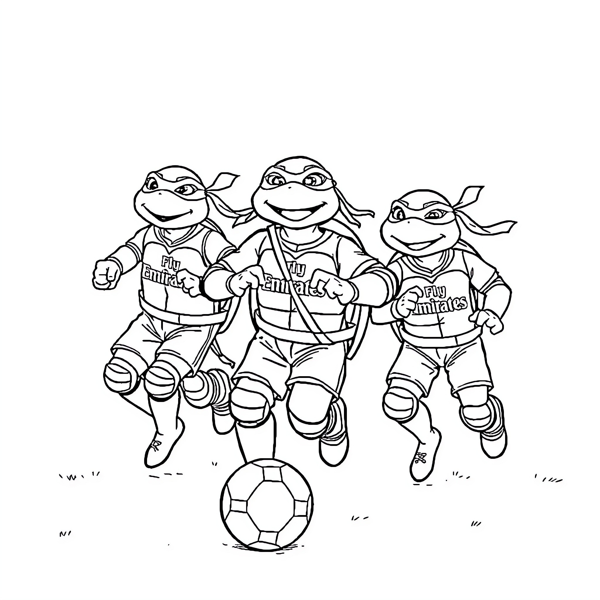 Teenage Mutant Ninja Turtles playing soccer together Coloring Page (free black-and-white line drawing printable PDF for all, from beginners to advanced learners, including children, teens, adults, and seniors)