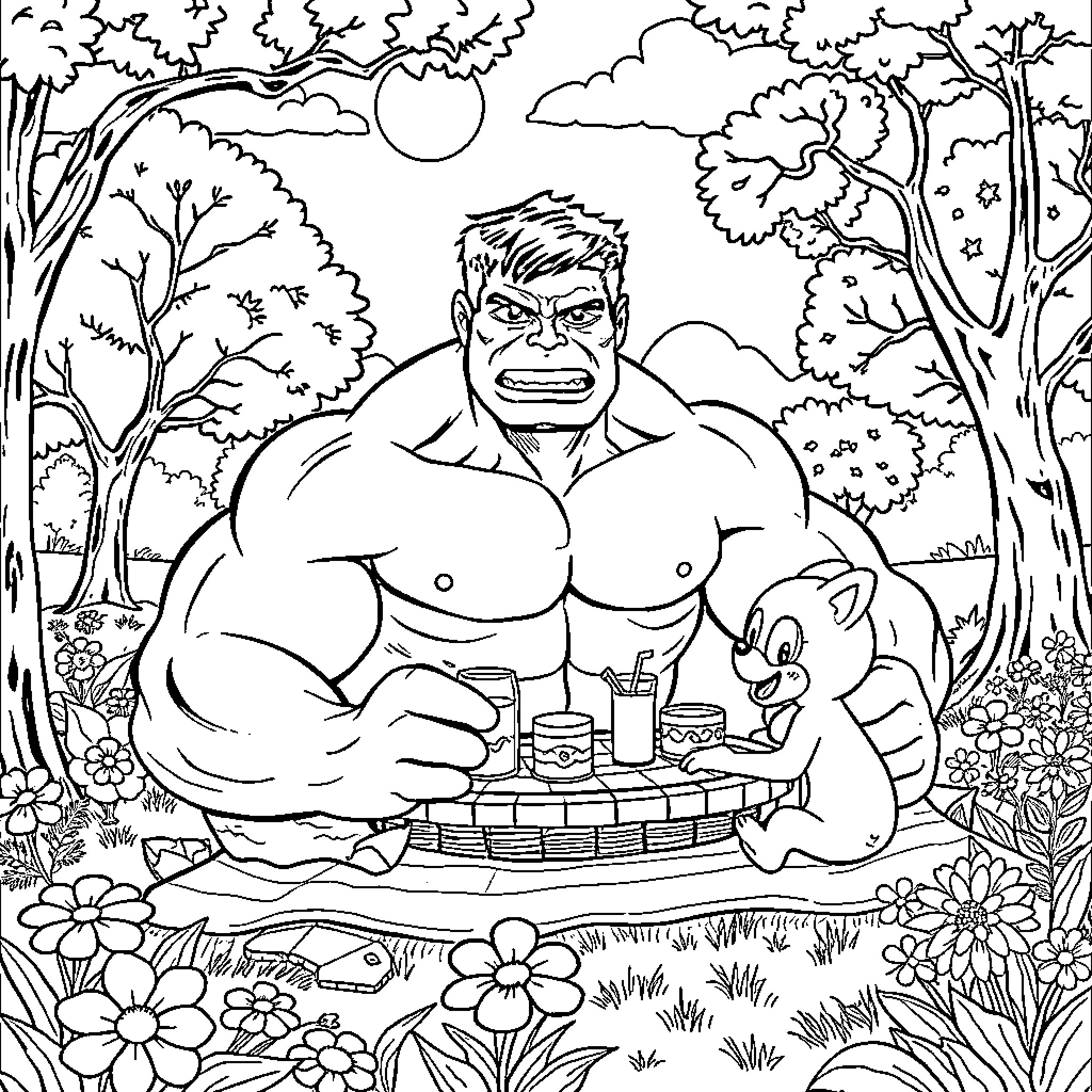 Hulk's Peaceful Nature in the Serene Forest Coloring Page (free black-and-white line drawing printable PDF for all, from beginners to advanced learners, including children, teens, adults, and seniors)