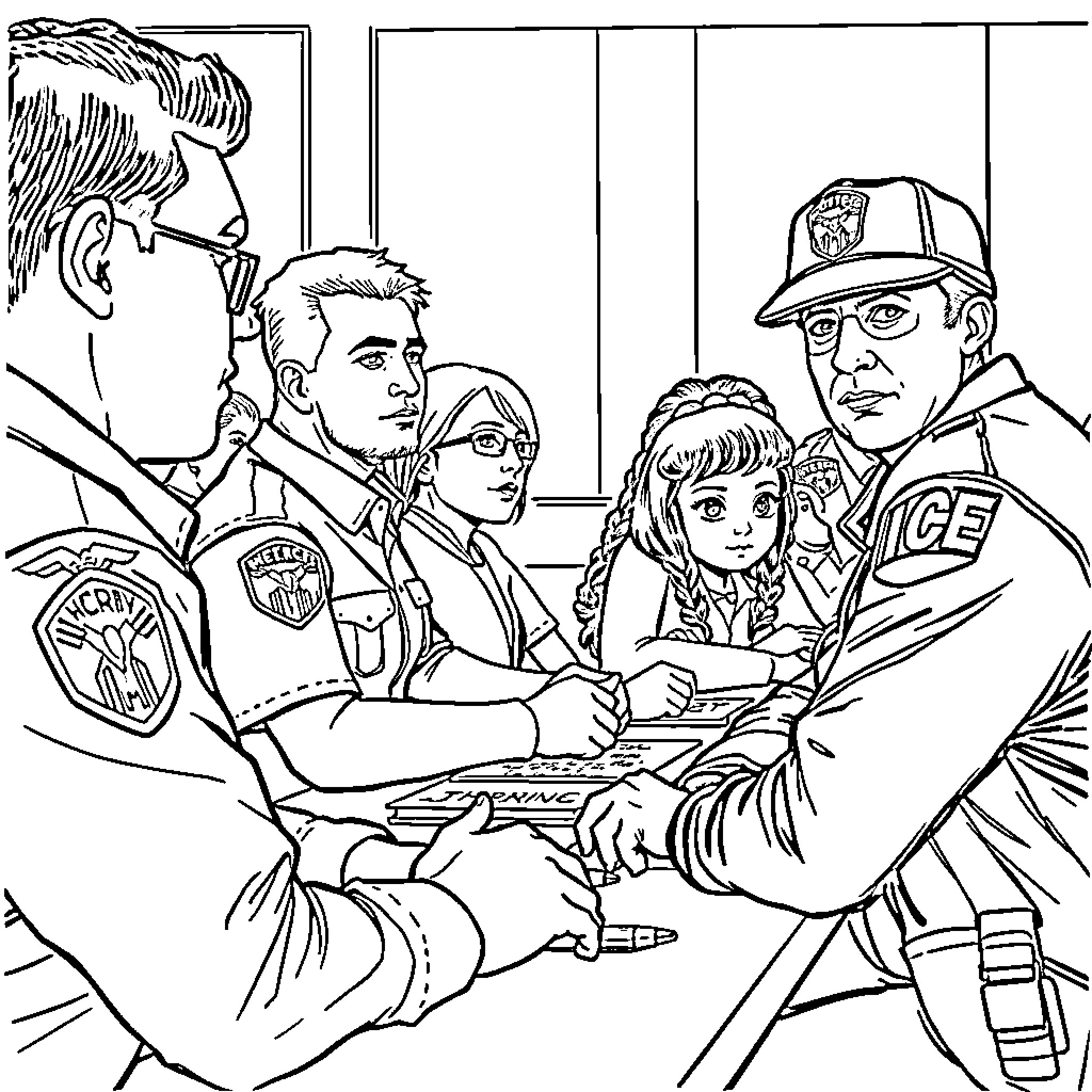 Ice Agent apprehending suspects in interrogation room Coloring Page (free black-and-white line drawing printable PDF for all, from beginners to advanced learners, including children, teens, adults, and seniors)