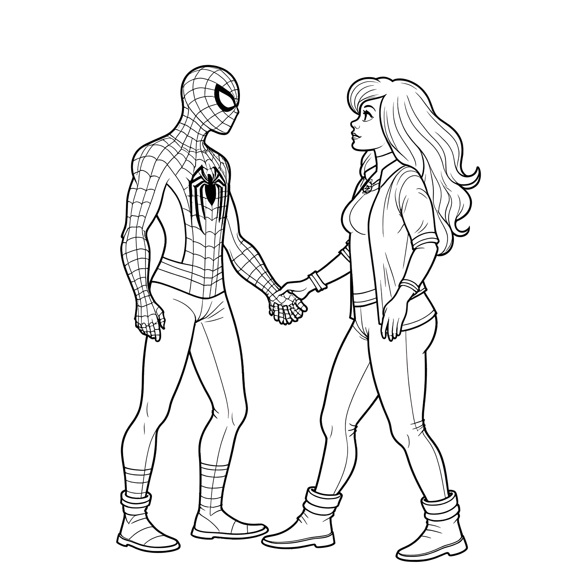 Spiderman meeting with a female superhero Coloring Page (free black-and-white line drawing printable PDF for all, from beginners to advanced learners, including children, teens, adults, and seniors)