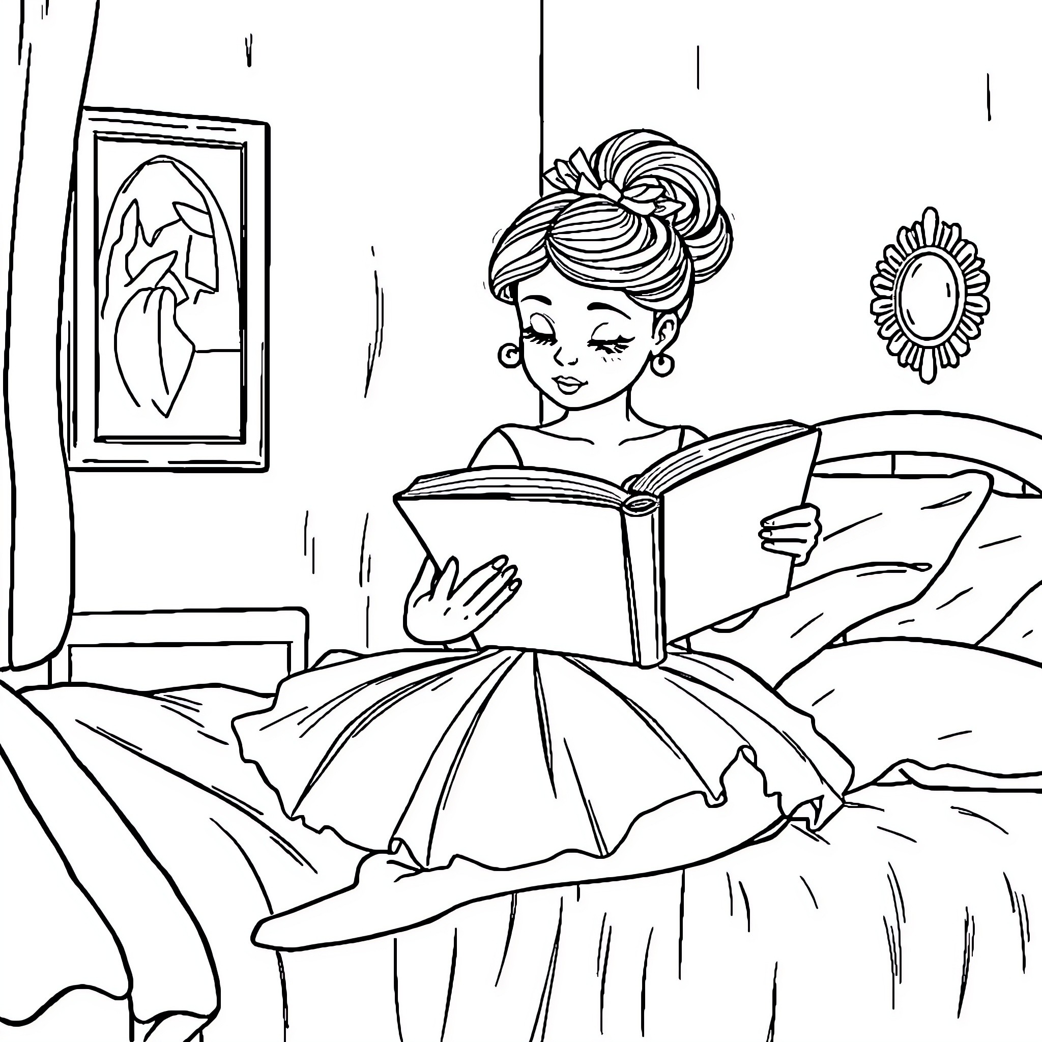 Ballerina reading intently in her bedroom Coloring Page (free black-and-white line drawing printable PDF for all, from beginners to advanced learners, including children, teens, adults, and seniors)