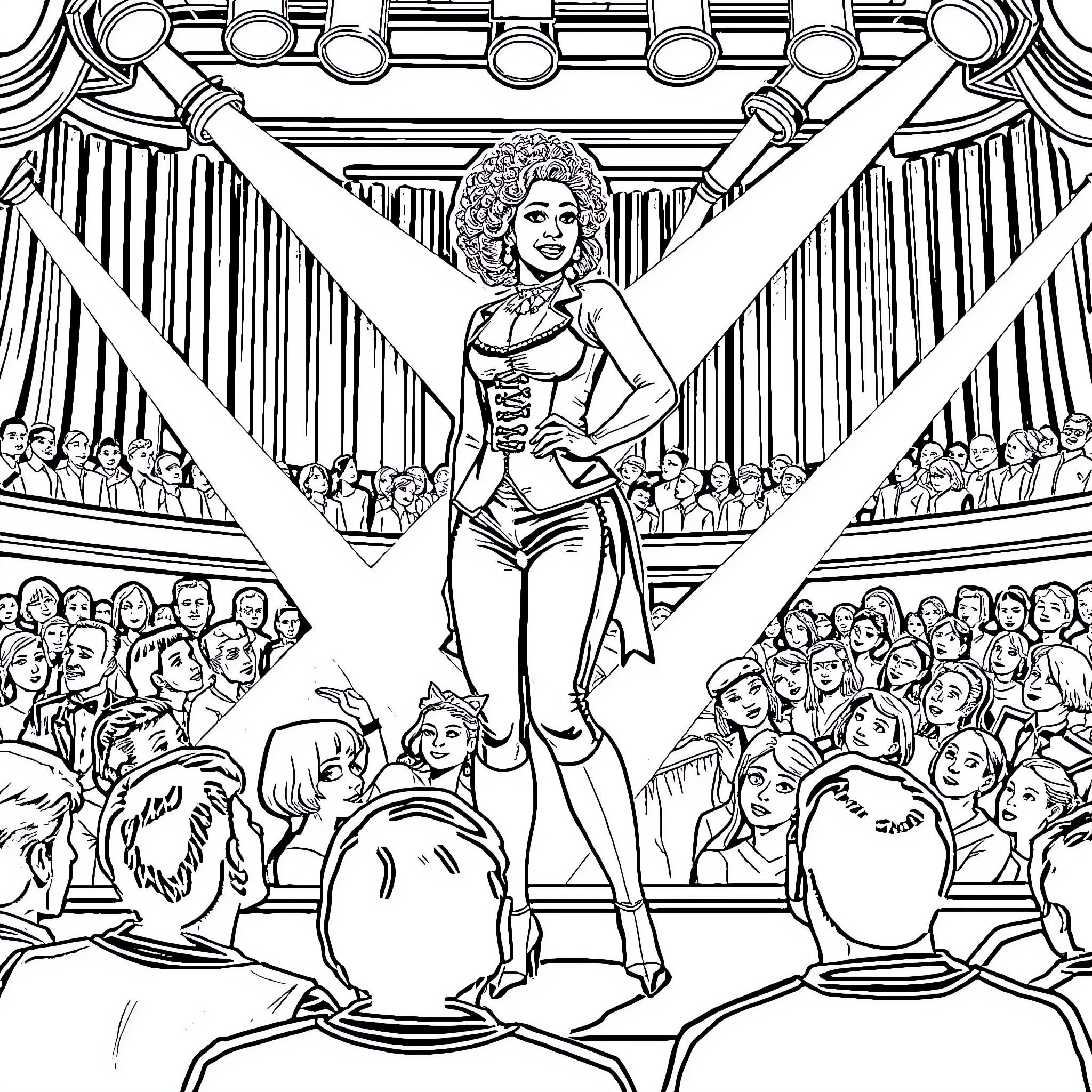 CeCe's Dazzling Theatrical Performance Coloring Page (free black-and-white line drawing printable PDF for all, from beginners to advanced learners, including children, teens, adults, and seniors)
