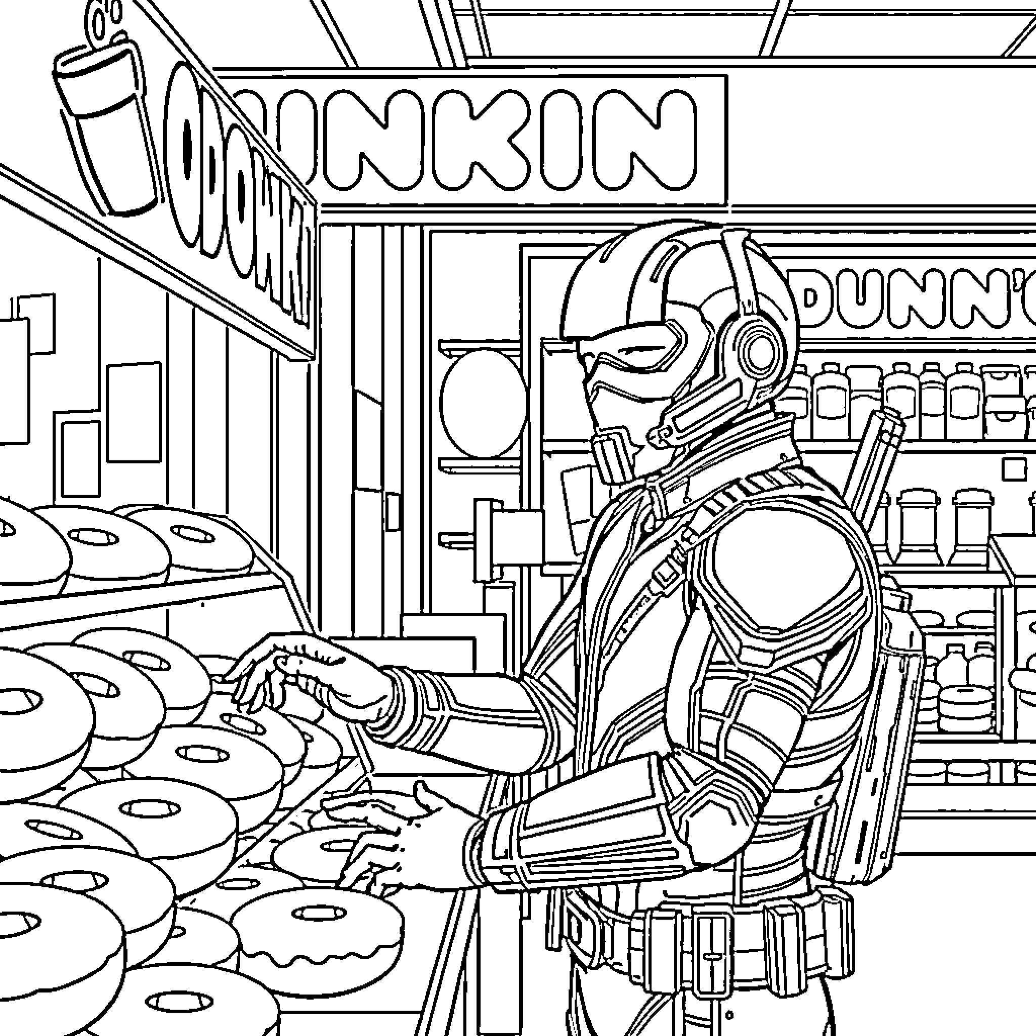 Ant-Man exploring a Dunkin' Donuts shop Coloring Page (free black-and-white line drawing printable PDF for all, from beginners to advanced learners, including children, teens, adults, and seniors)