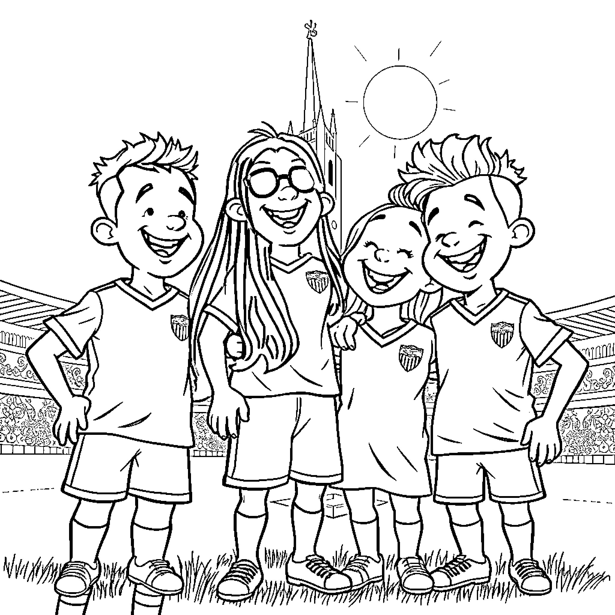 Tralaleritos Joyful Children on the Sports Field Coloring Page (free black-and-white line drawing printable PDF for all, from beginners to advanced learners, including children, teens, adults, and seniors)
