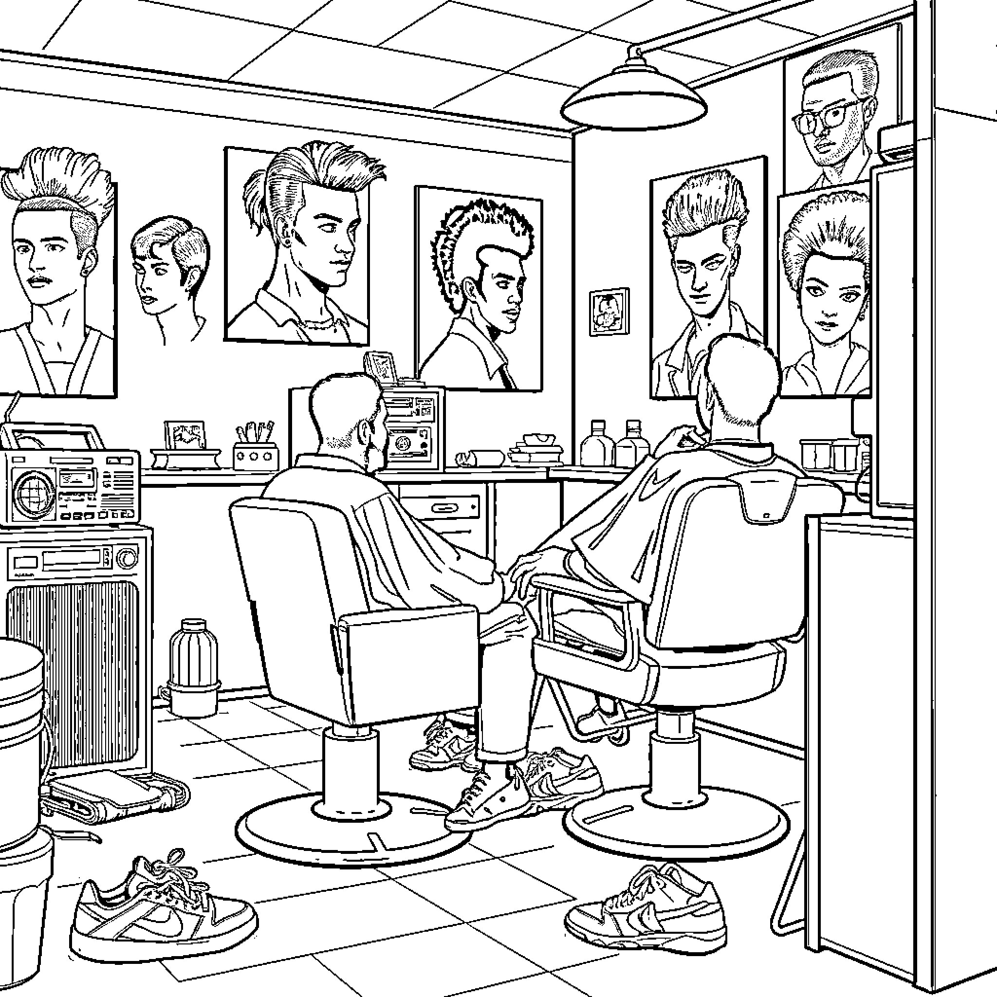Barbershop with Diverse Haircuts and Styles Coloring Page (free black-and-white line drawing printable PDF for all, from beginners to advanced learners, including children, teens, adults, and seniors)