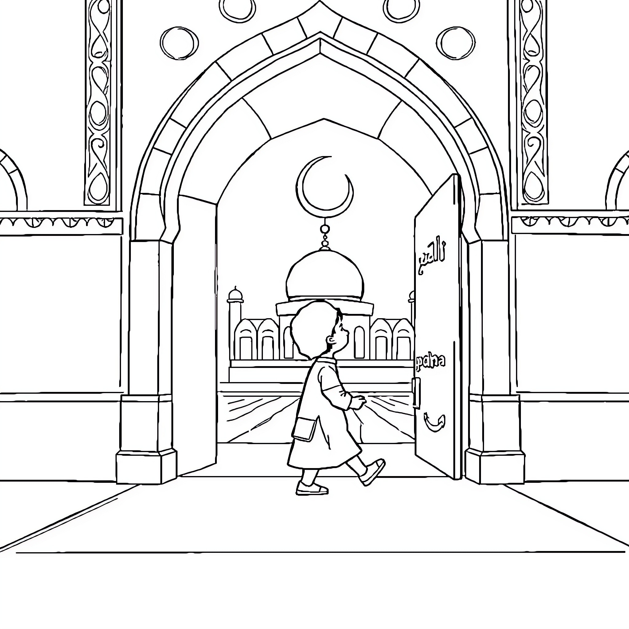 Child walking towards a mosque Coloring Page (free black-and-white line drawing printable PDF for all, from beginners to advanced learners, including children, teens, adults, and seniors)