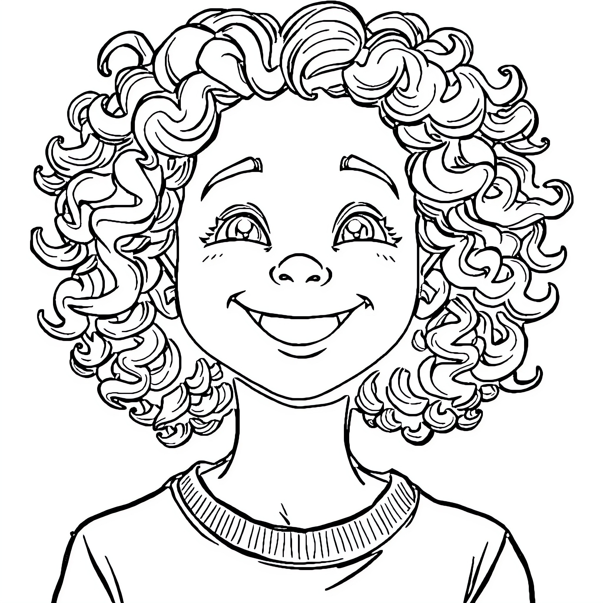 Person with curly hair making a happy expression Coloring Page (free black-and-white line drawing printable PDF for all, from beginners to advanced learners, including children, teens, adults, and seniors)