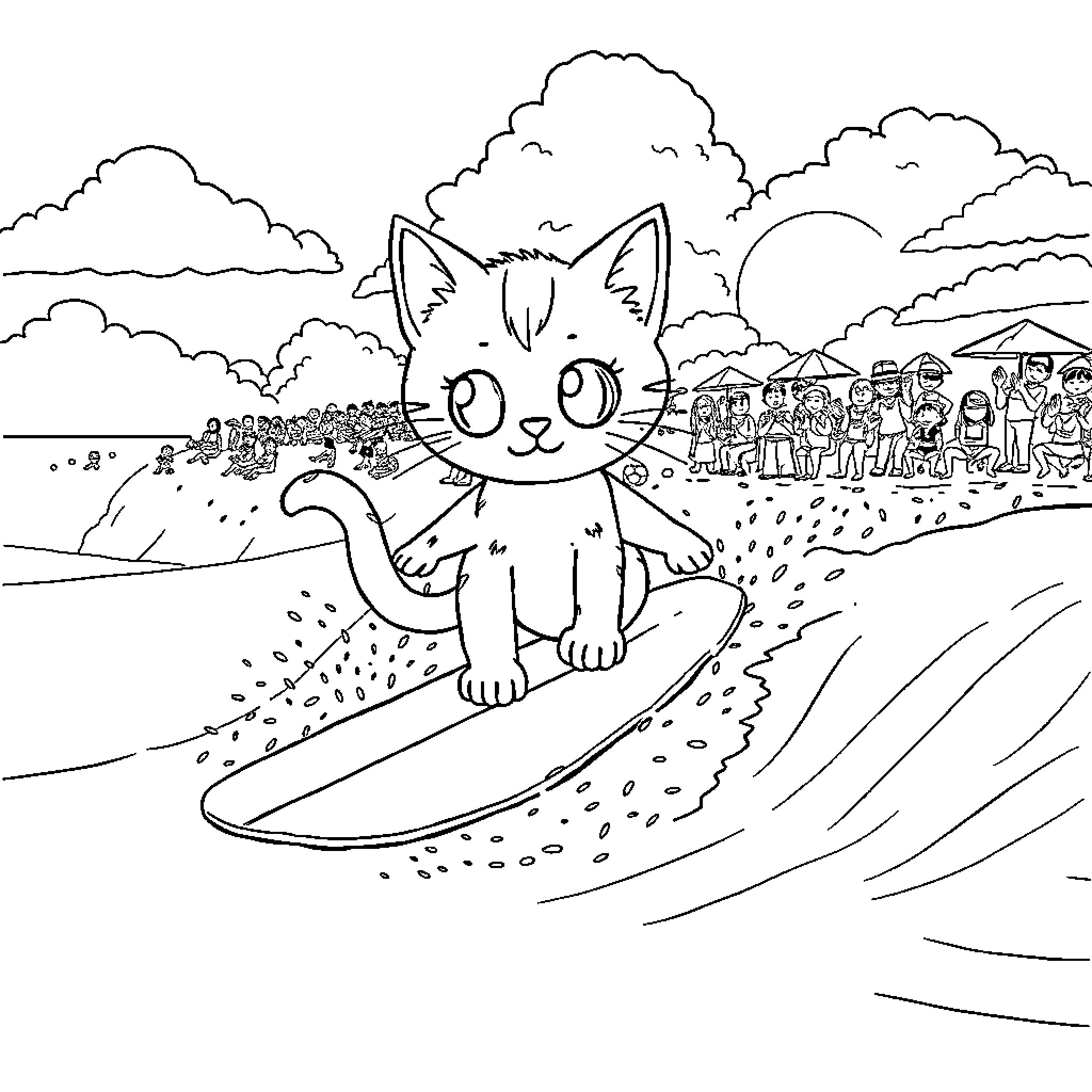 Gato surfing happily with a crowd watching Coloring Page (free black-and-white line drawing printable PDF for all, from beginners to advanced learners, including children, teens, adults, and seniors)