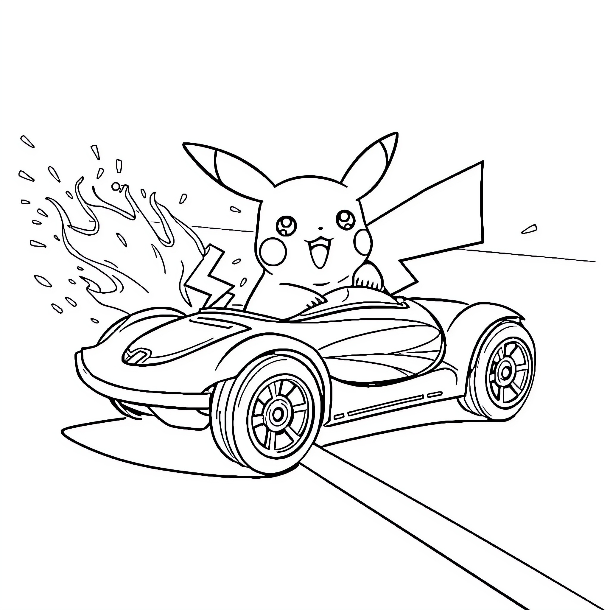Pikachu racing in a high-speed vehicle Coloring Page (free black-and-white line drawing printable PDF for all, from beginners to advanced learners, including children, teens, adults, and seniors)